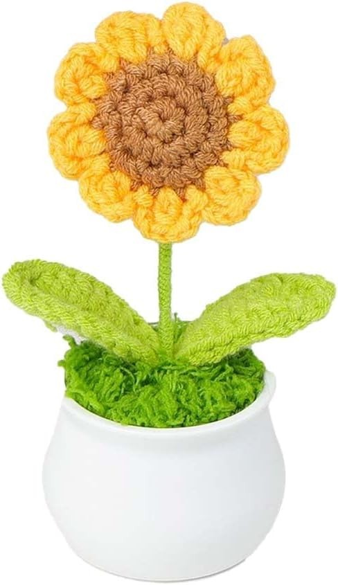 Crochet Flowers, Cute Desk Decor, Handmade Sunflower and Puff Flower Pots, Mini