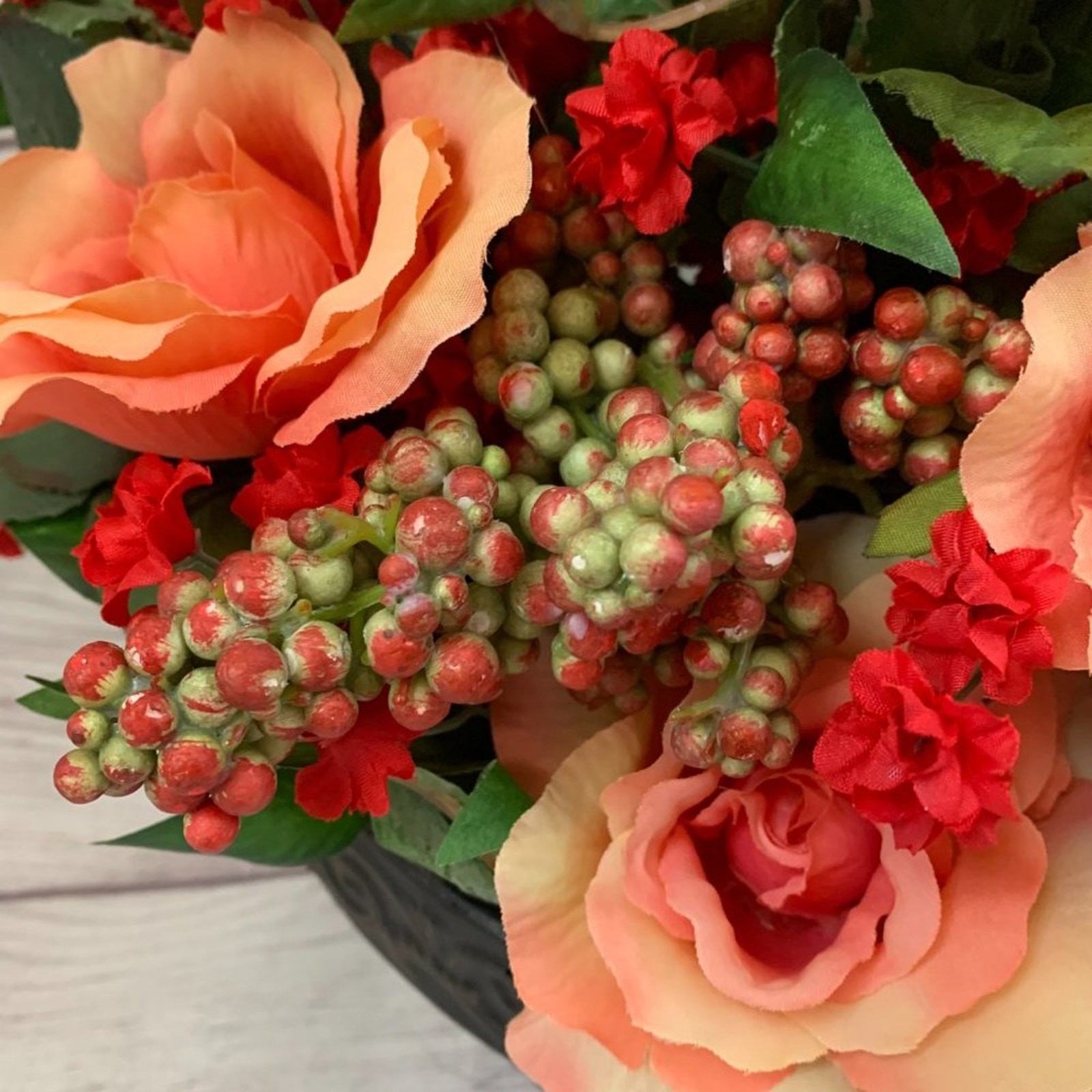 Faux Floral Arrangement Basket Wall Hanging Planter Rose Flower and Berries 15″H