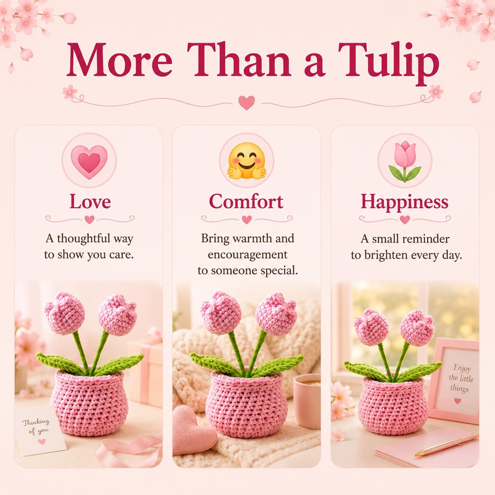 Crochet Tulip Flower Pot Pink Handmade Gift For Women Desk Shelf Decor