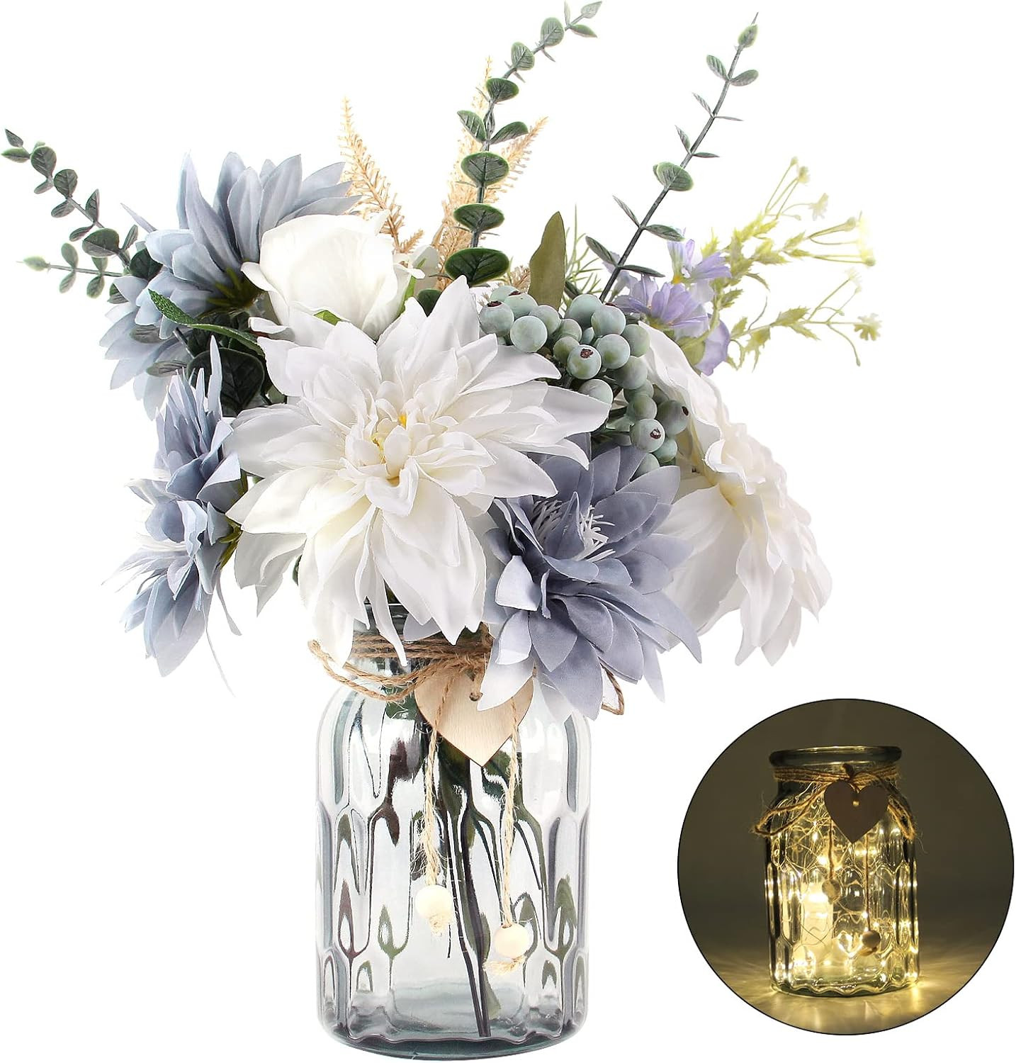 Fake Flowers with Vase, Silk Dusty Blue Rose Hydrangea Artificial Flowers in Vas
