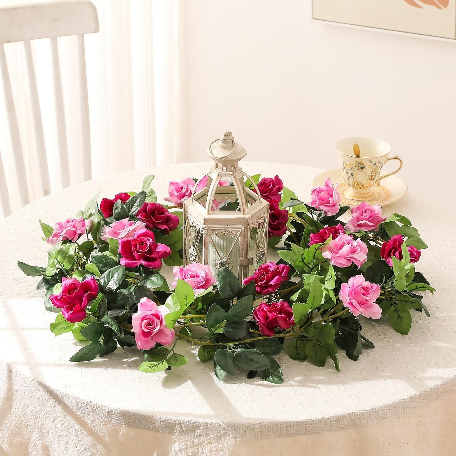2 Pack Artificial Rose Garland Fuchsia Pink Silk Flower Vines for Wedding Hom…