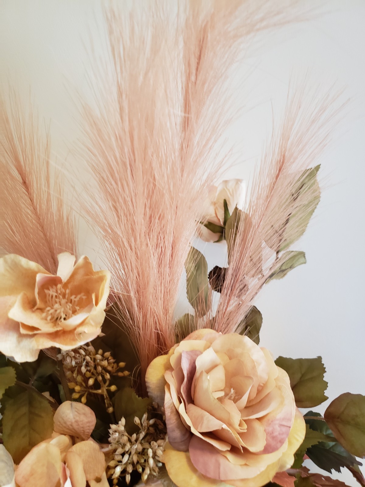Pink Dried Look Hydrangea Centerpiece, Pampas Grass, Cream Pumpkins