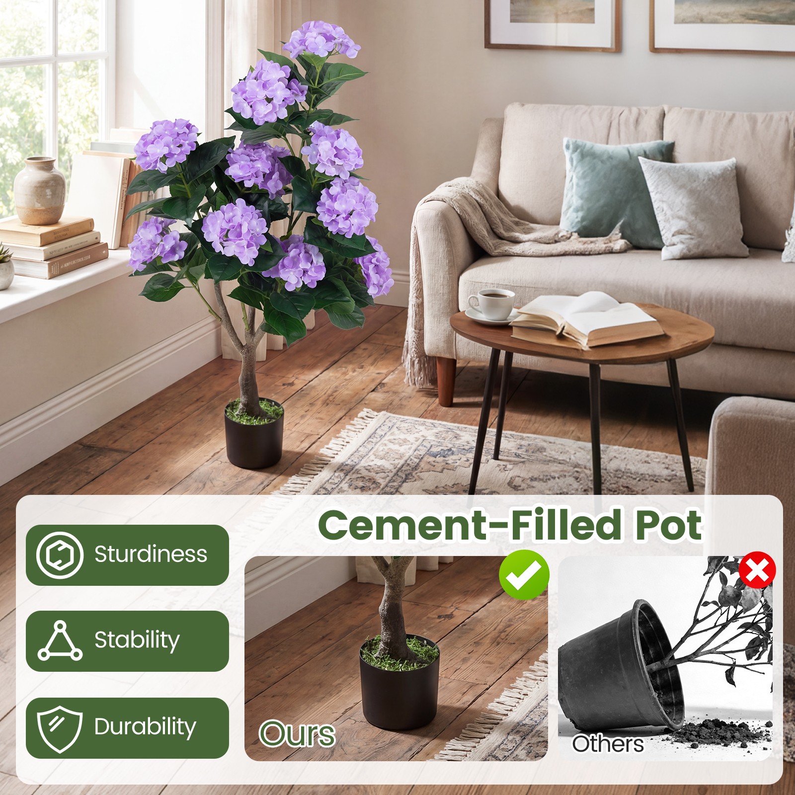 2-Pack Artificial Hydrangea Tree, 43.5″ Faux Flower Plants with 11 Blooms&Trunk
