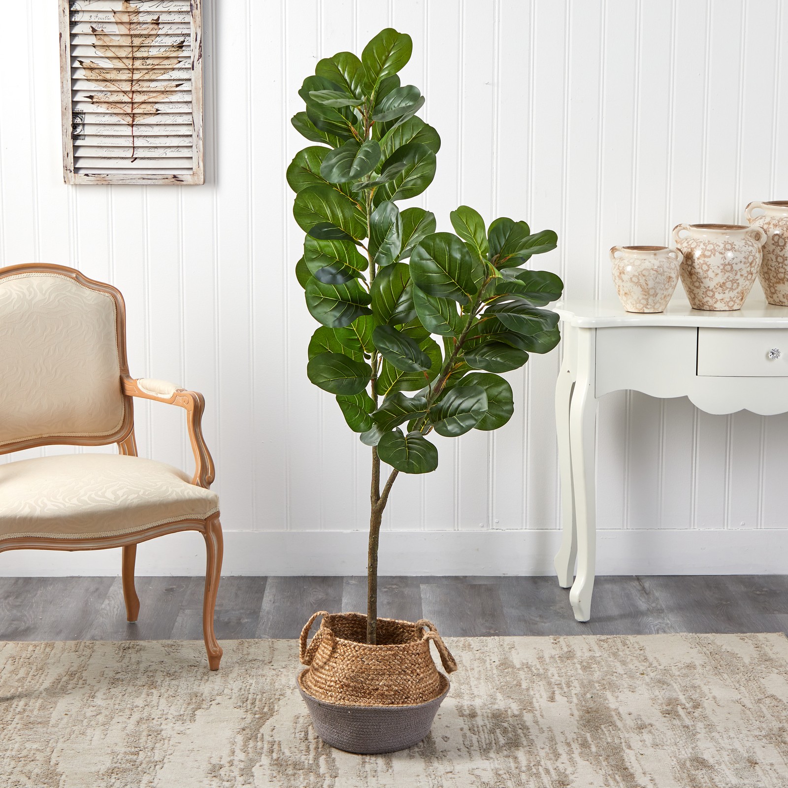 Nearly Natural 4.5ft Fiddle Leaf Fig Tree w/ Cotton & Jute White Woven