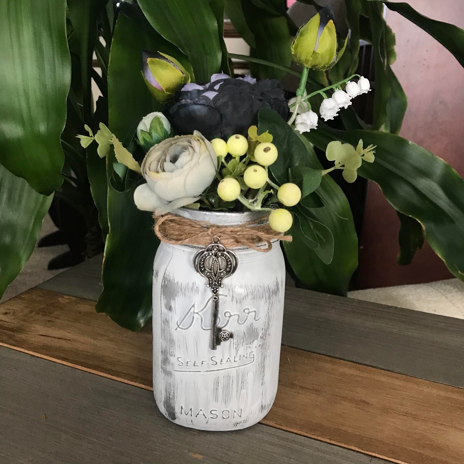 Handmade Black and Gray Floral Arrangement in Kerr Mason Jar