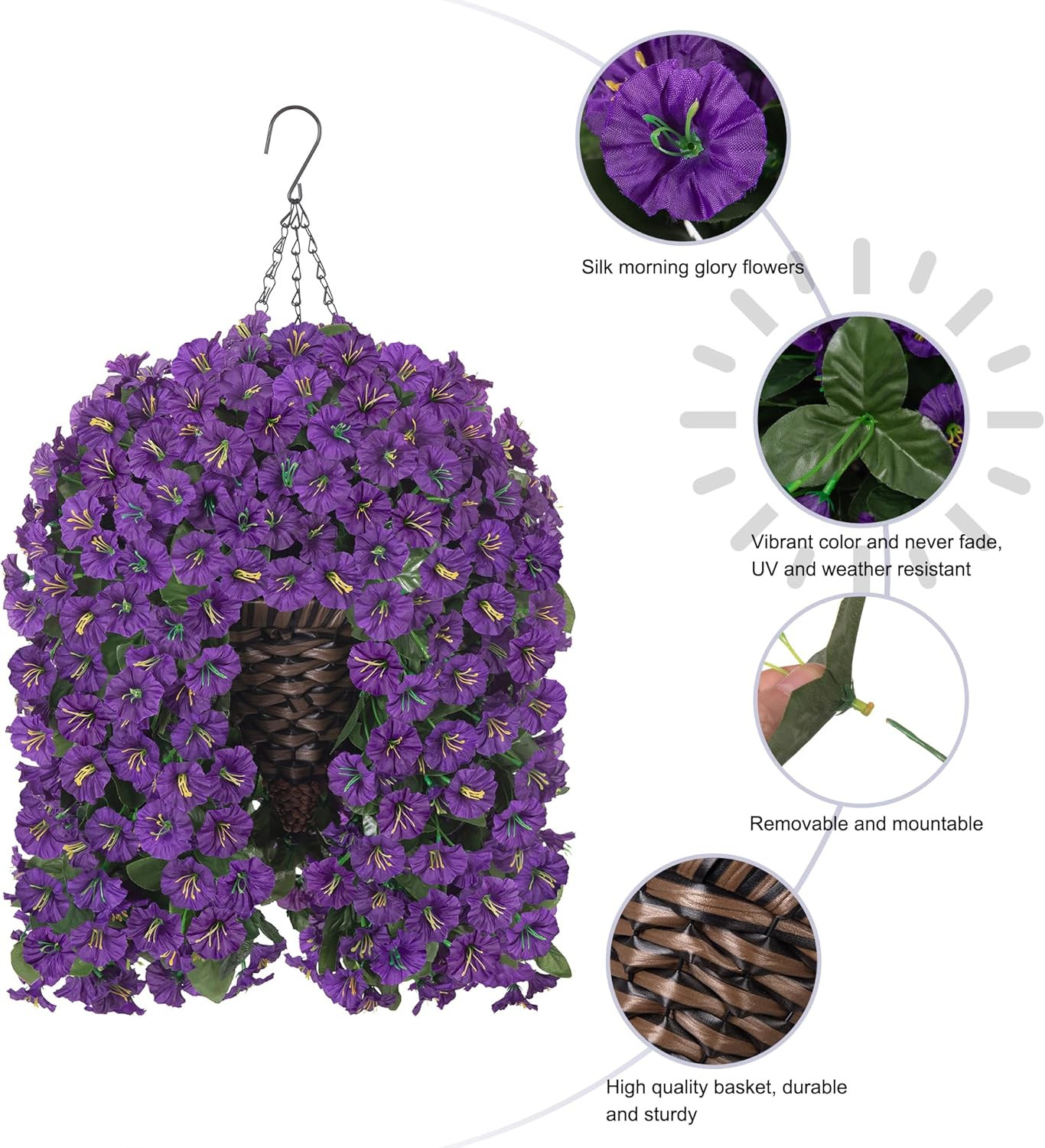 UV Resistant Faux Purple Morning Glory Hanging Basket for Outdoor Decor