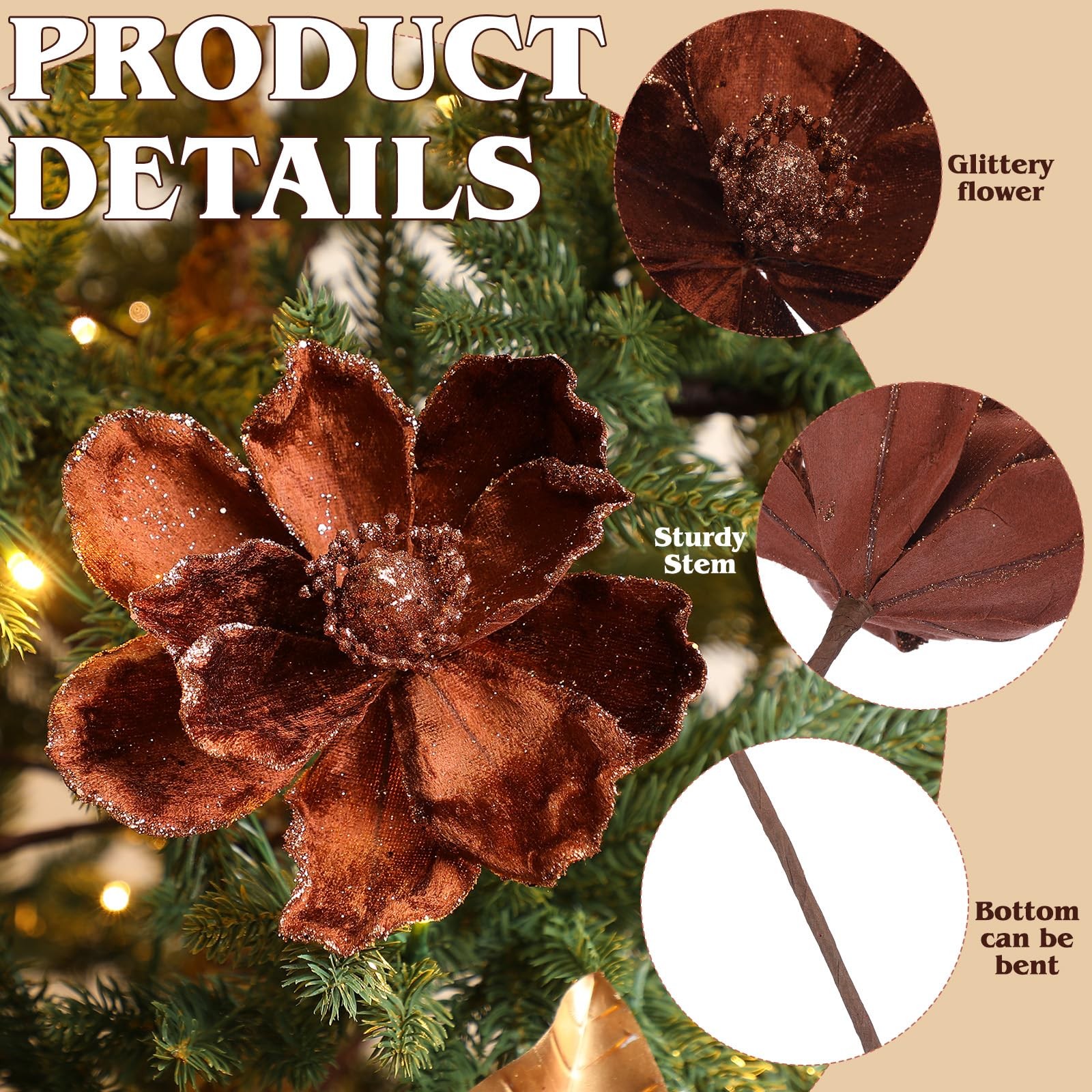 12 Pcs Christmas Magnolia Picks Set 6 Magnolia Flower 6 Golden Leaves Picks G…