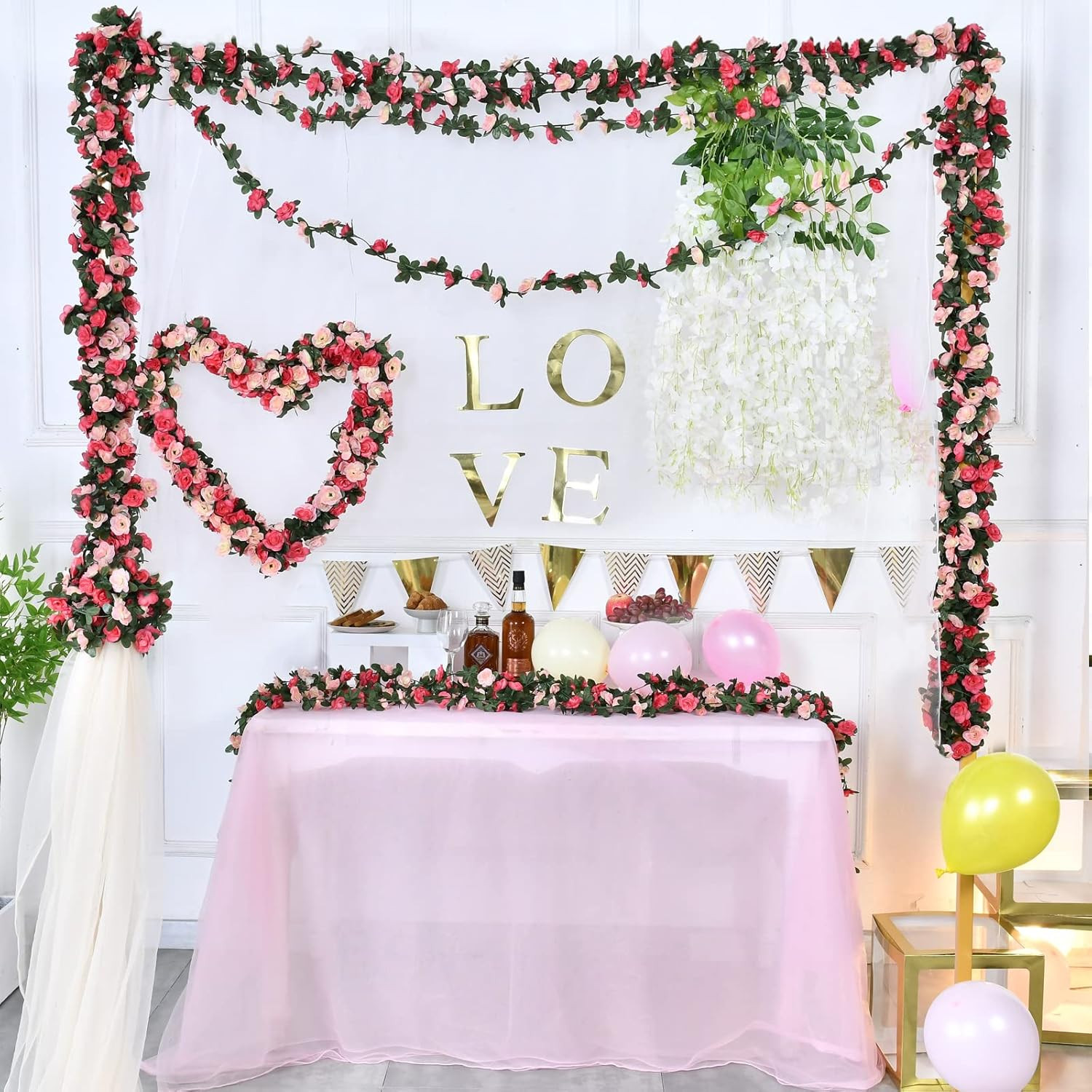 Flower Garland Rose Vines, 2 Strands 16.5Ft Flower Vines for Bedroom, Rose Flora