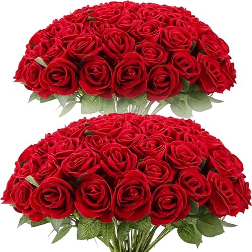 Cliselda 72pcs Red Velvet Artificial Roses Bulk Wedding Centerpieces
