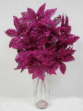 Bulk Pack of 12 Fuchsia Glittered Mesh Artificial Poinsettia 11″ Picks