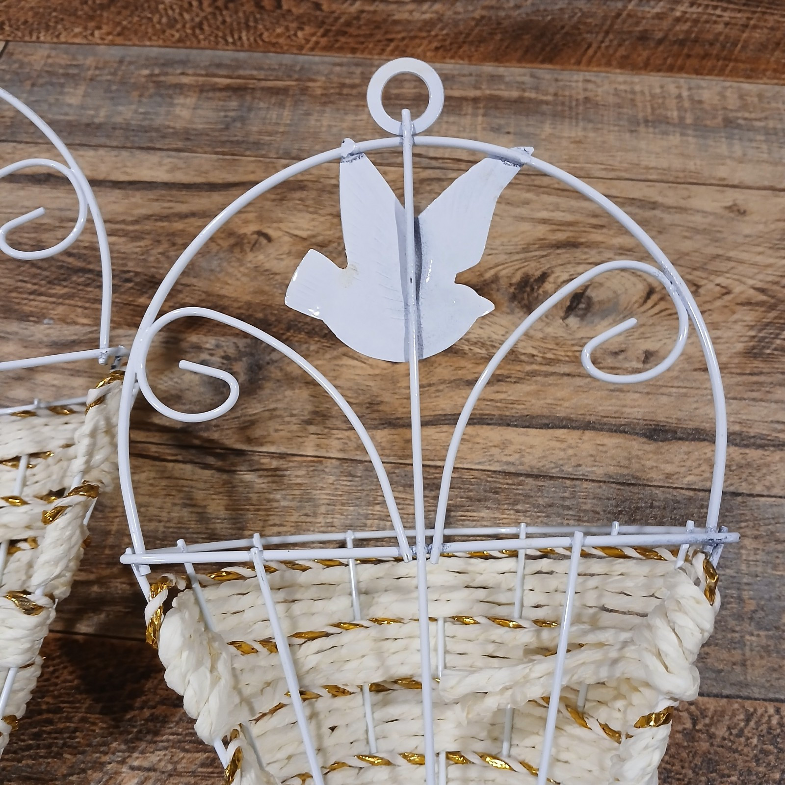 Set of 2 Wall Hanging Cone/Basket. Display Flowers. Cream & Gold