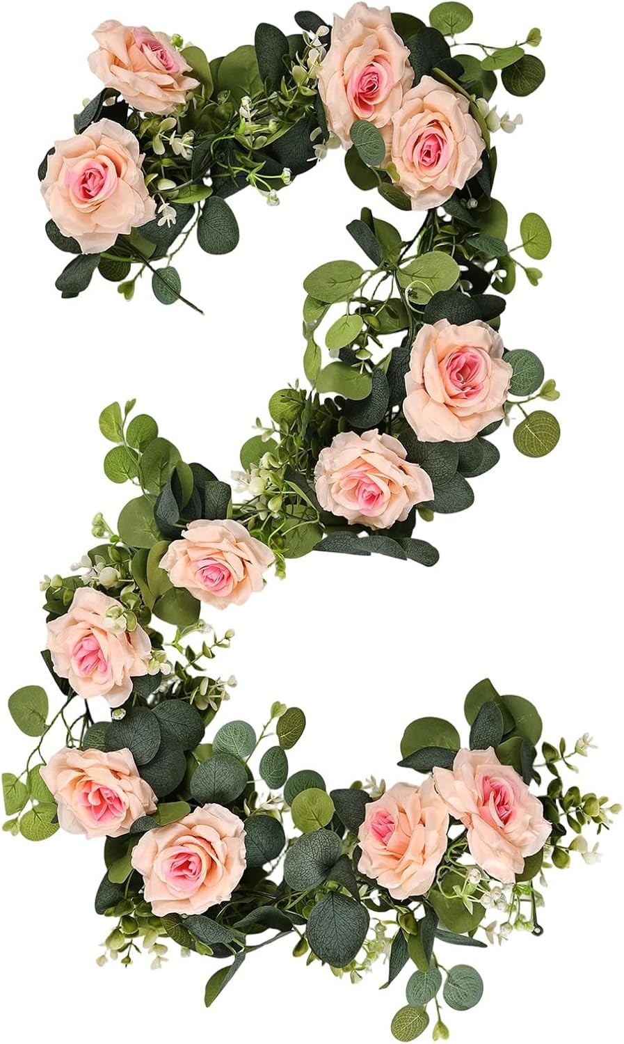 2 Pack 12FT Faux Roses Eucalyptus Garland with Silk Flowers for Table Fireplace