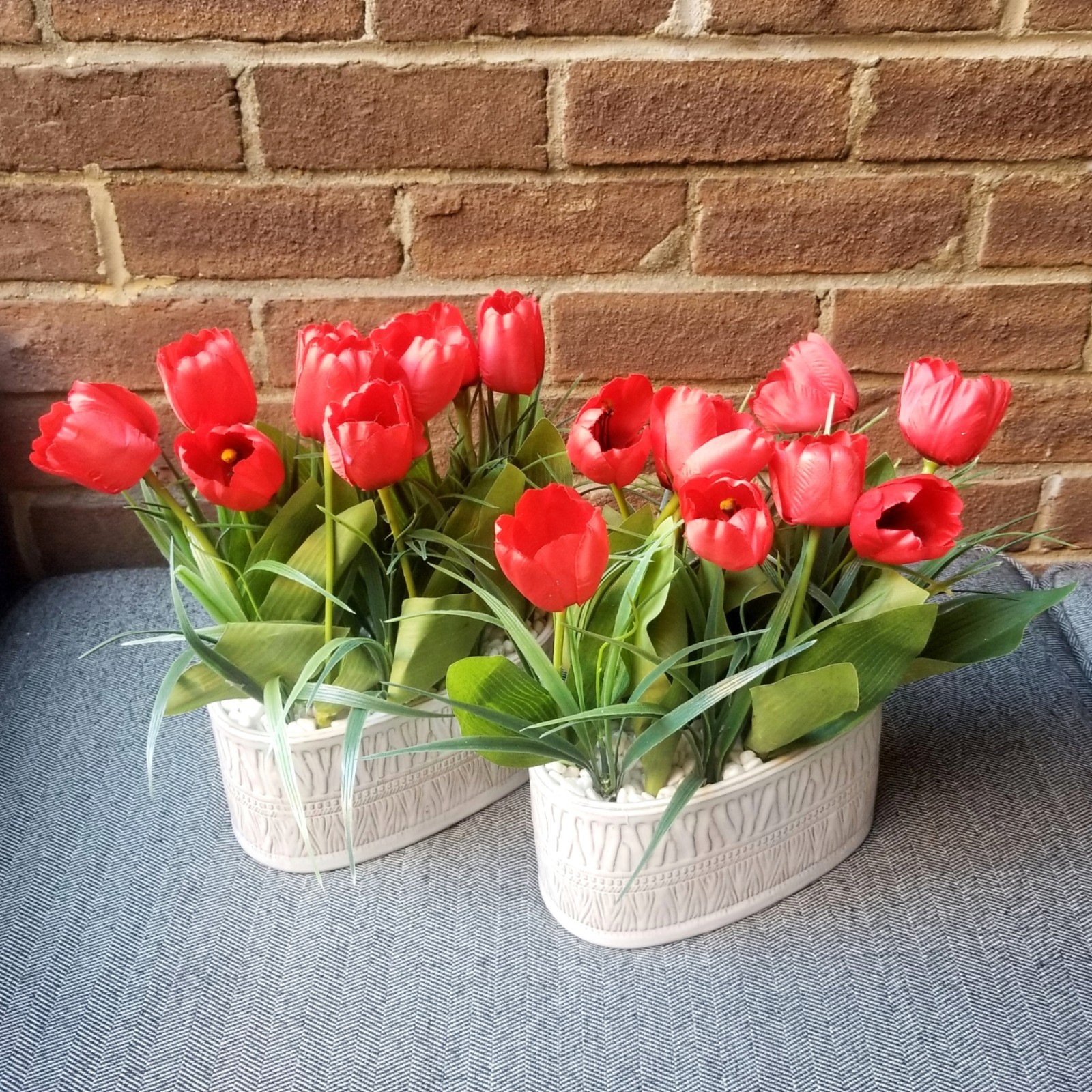 Red Tulips Flowers Planters Artificial Potted Houseplants White Pots Fake Set x2