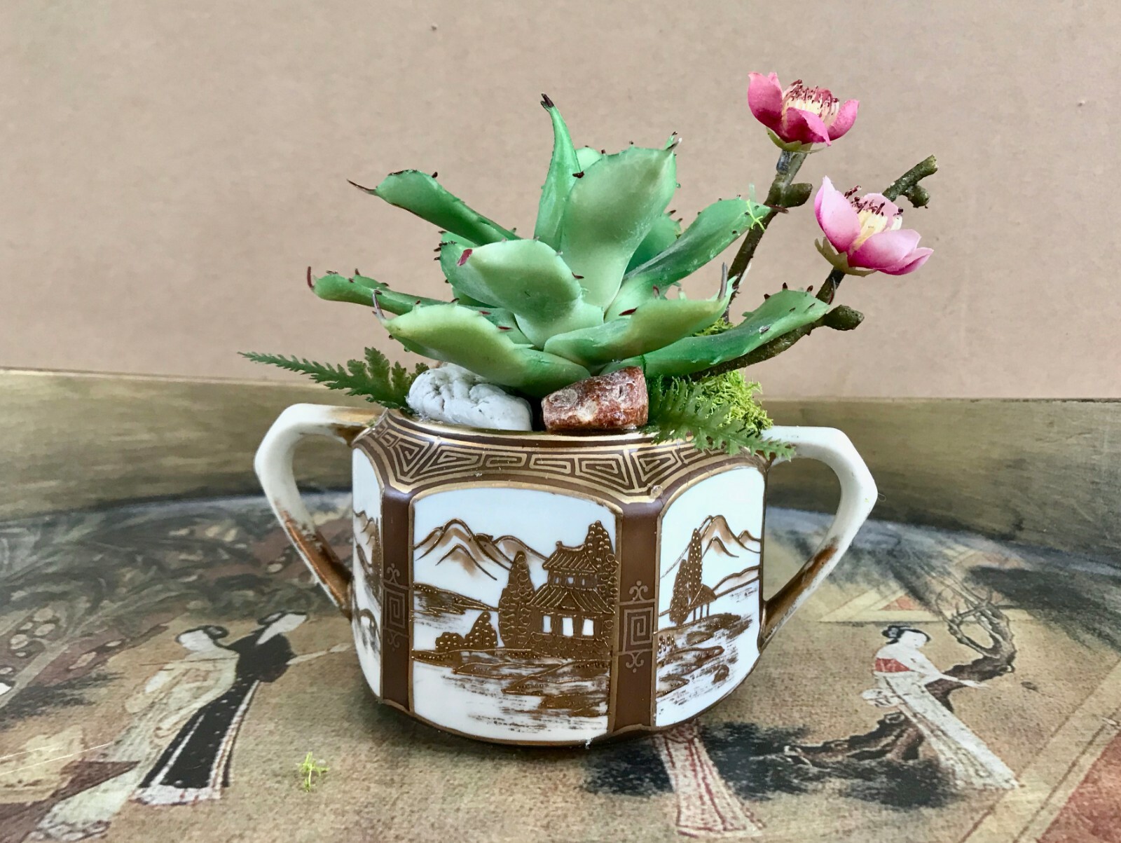 Antique Noritake Nippon Sugar Bowl Planter with Green Cactus and Purple Cherry B