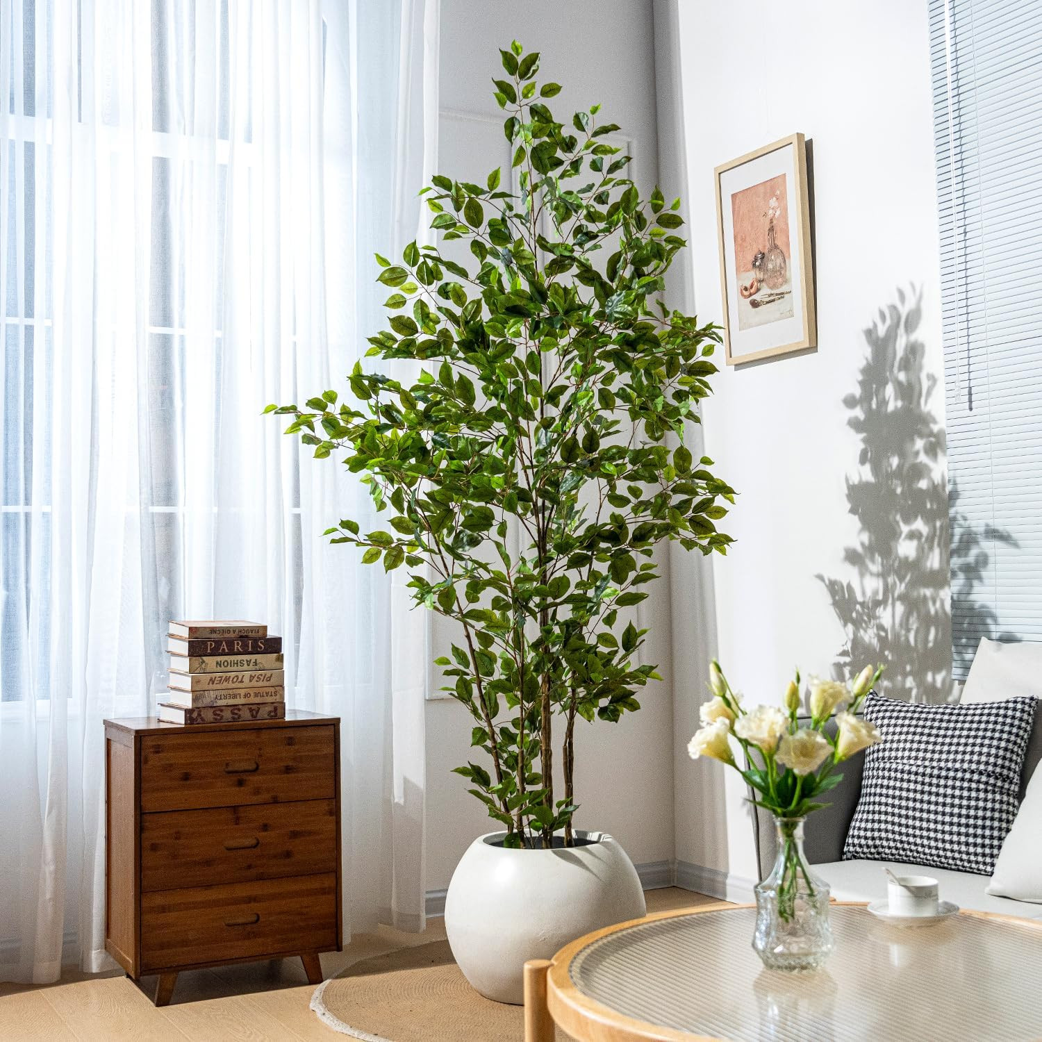 Artificial Ficus Tree Indoor 7Ft, Large Potted Faux Tree with Realistic Silk Lea