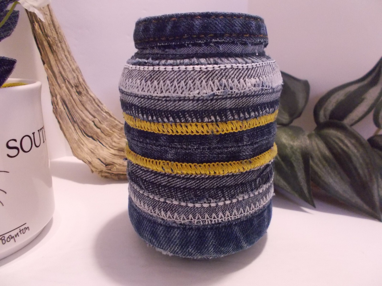 Southpaw Comics Coffee Mug w Handmade Denim Roses and Denim Seams Jar Vase