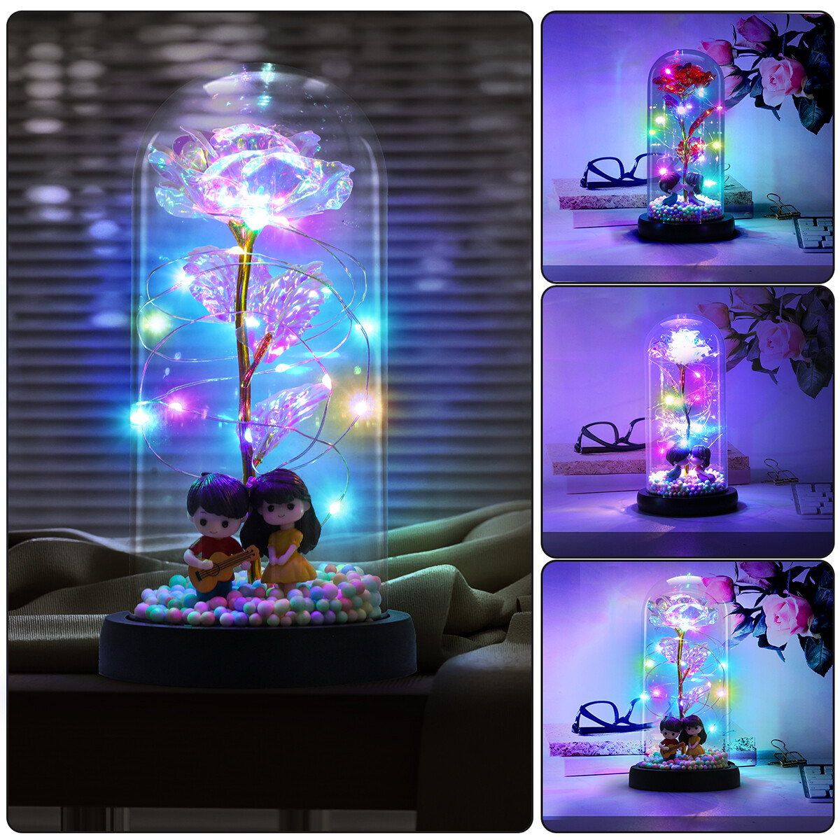 Light up Rose Flower in Glass Dome with RGB LED Lights Gift for Birtday Wedding