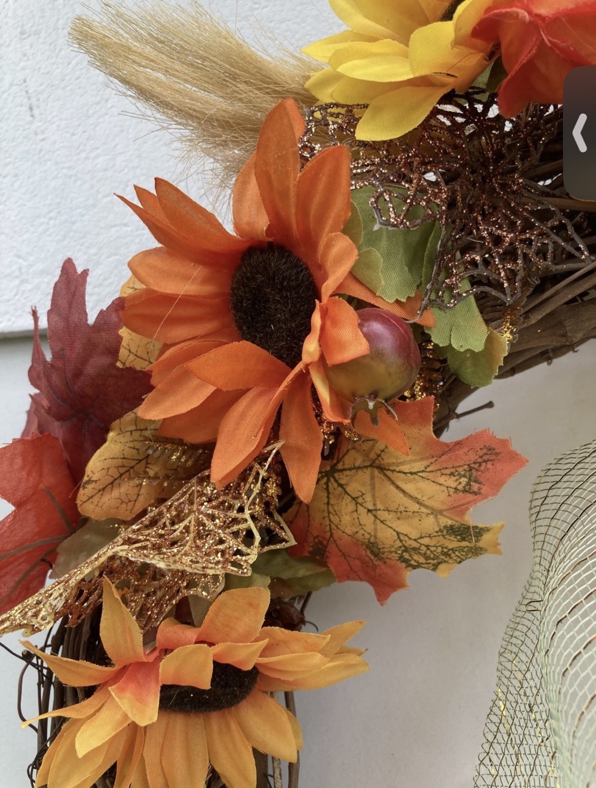 Sunflower Grapevine Country Rustic Wreath w Chinese Lanterns Pomegranate, ferns