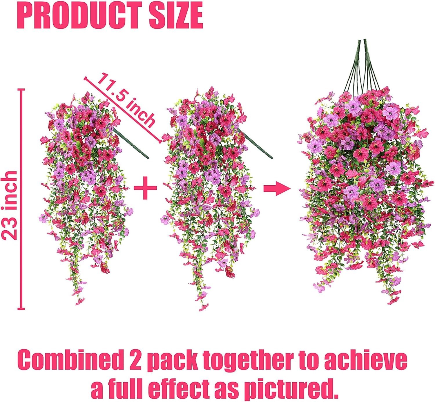 Artificial Fake Hanging Flowers Plants for Outdoor Outside 2PCS Hot pink-Magenta