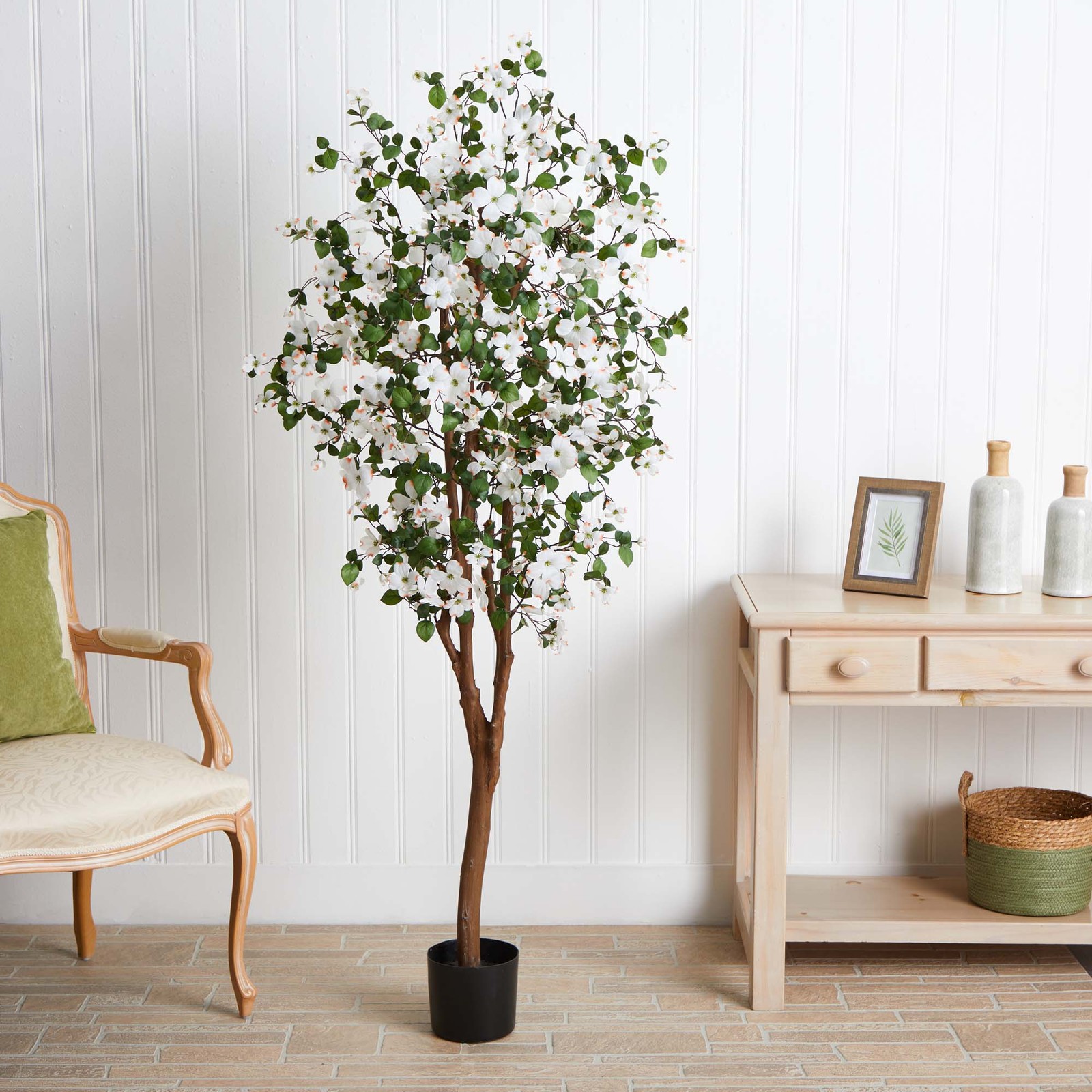 Nearly Natural 60″ Dogwood Silk Tree with 1121 Leaves in White/Black