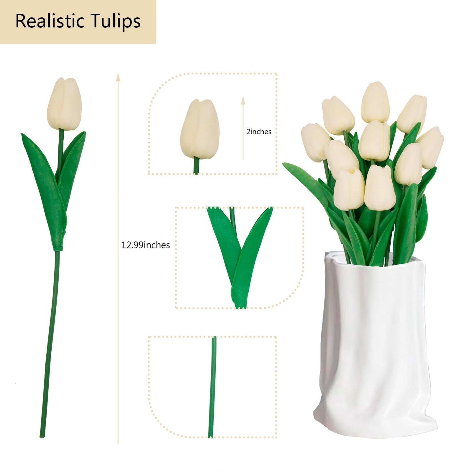 10 Pcs Faux Tulips Artificial Flowers with Stems, 13 Inch Artificial Tulips F…