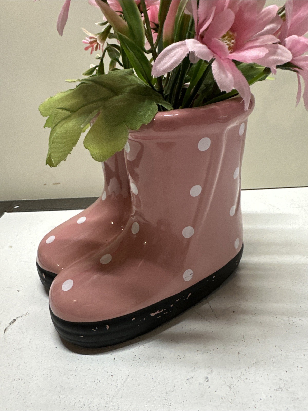 Ceramic Rain Boots In Pink Polk A Dot With Spring Flowers Decor For Springtime