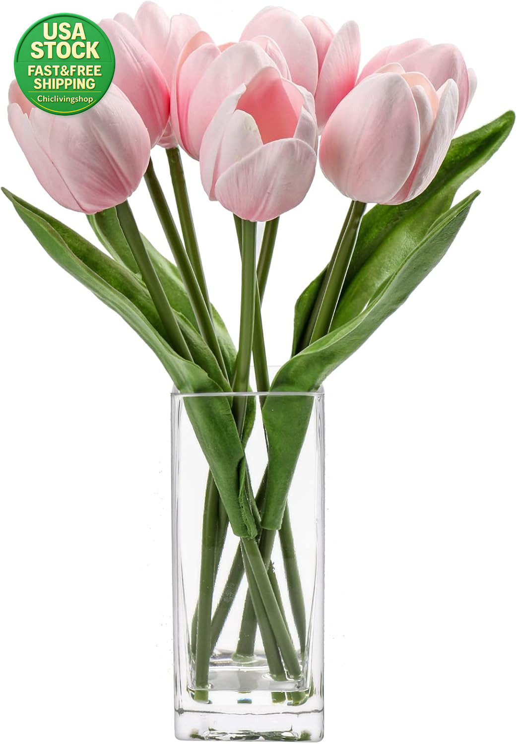 Artificial Tulip Flowers Pink Real Touch Foam Arrangement in Clear Vase 13.5In
