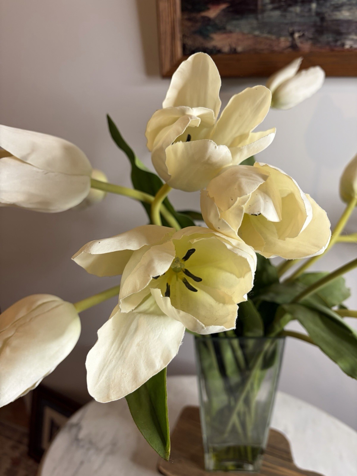 Artificial White Tulip Arrangement in Tall Glass Vase Faux Flower Centerpiece