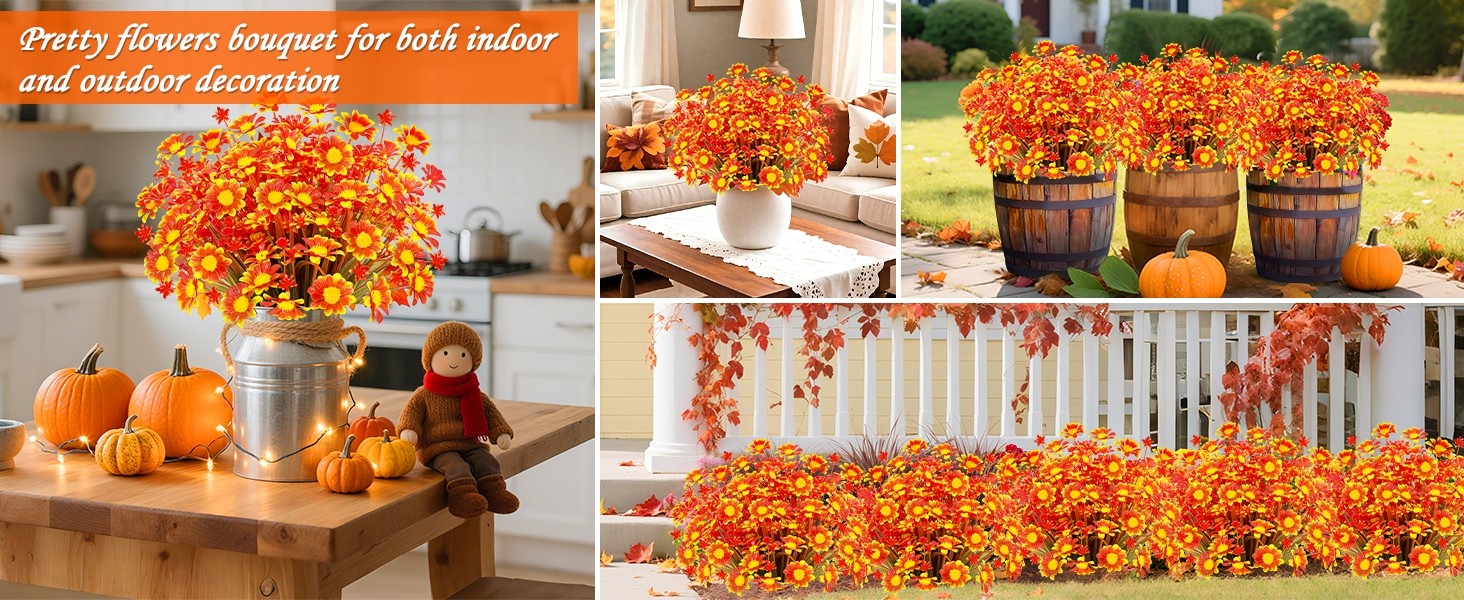 8 Bundles Artificial Mums for Outdoors Fall Flowers UV Resistant Fall Decor |