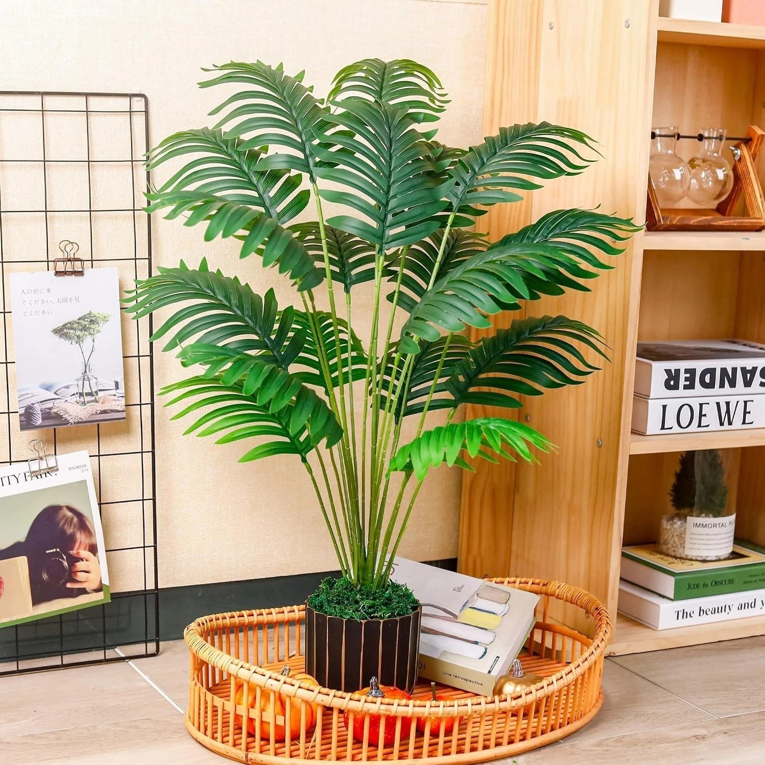Realistic 28” Tall Faux Palm Tree with Black & Gold Pot for Stylish Home Decor