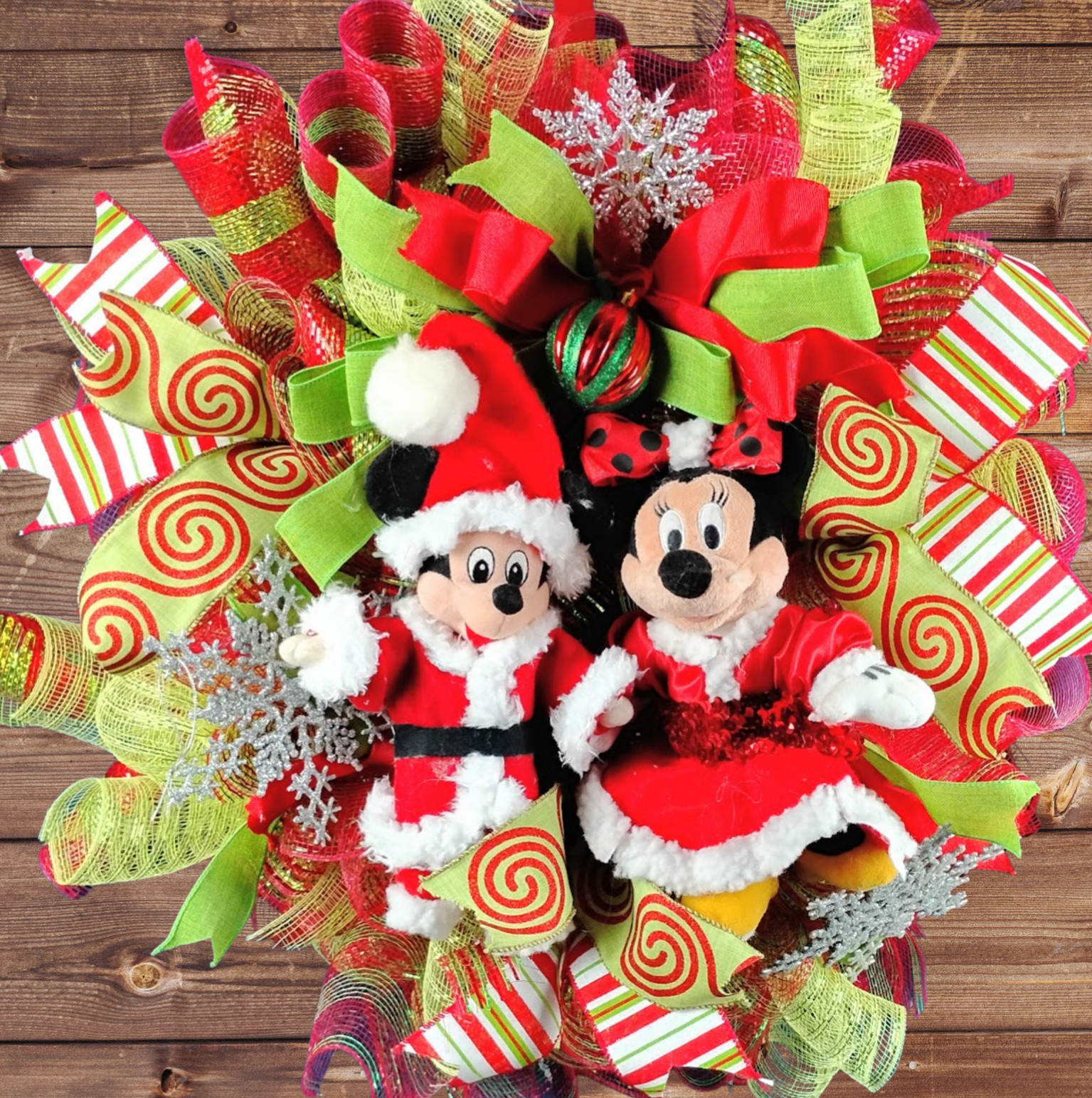 Mickey and Minnie Mouse Christmas Wreath Large 24″ Red & Green Front Door Decor