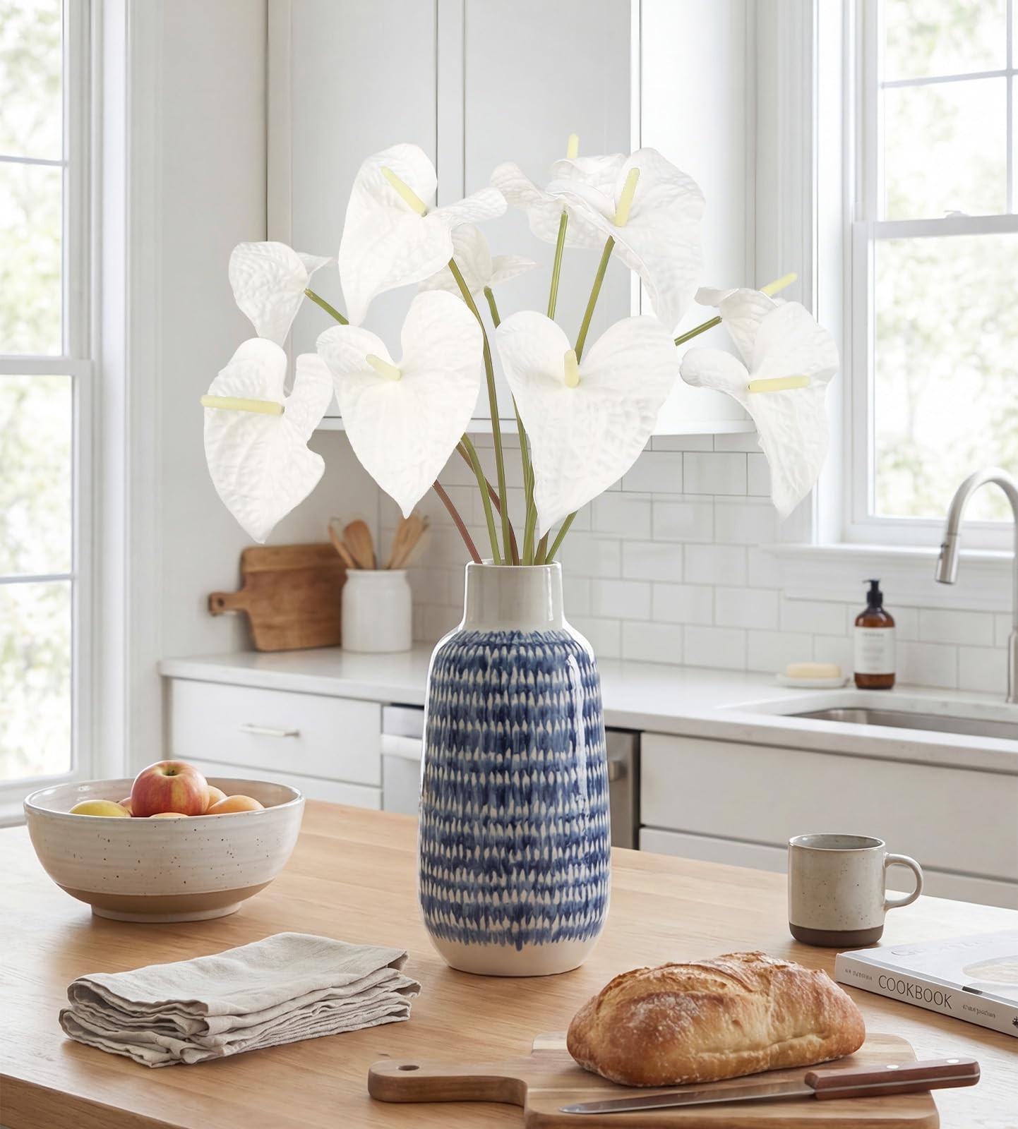 White Anthurium Artificial Flowers 23.6 Inch Fake Tropical Real Touch 10 PCS