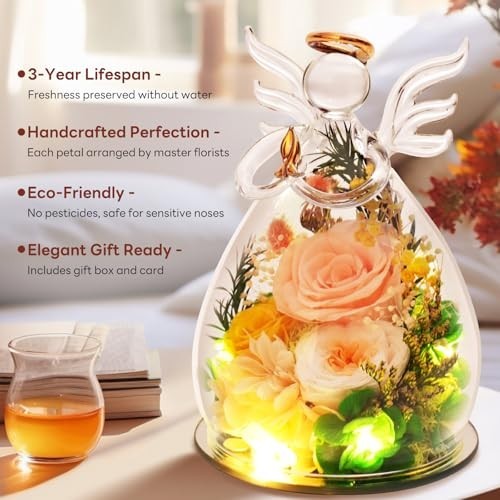 Gifts for Mom Birthday Gifts for Women, Preserved Rose in Glass Angel Figurines,