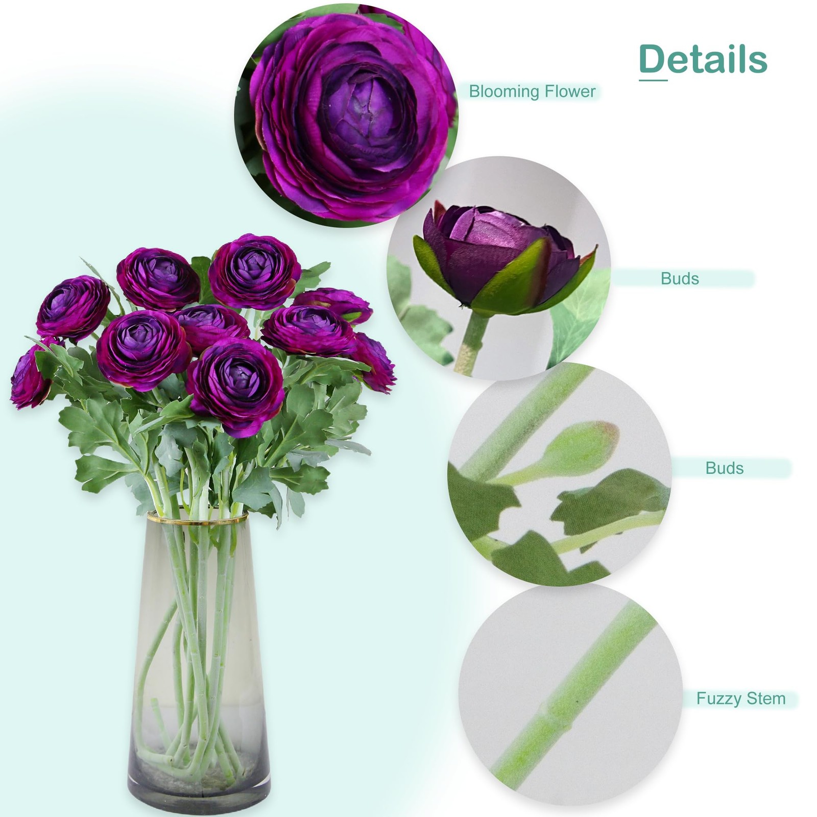 Artificial Ranunculus Flowers With Real Touch Stem Silk Ranunculus Flowers purp