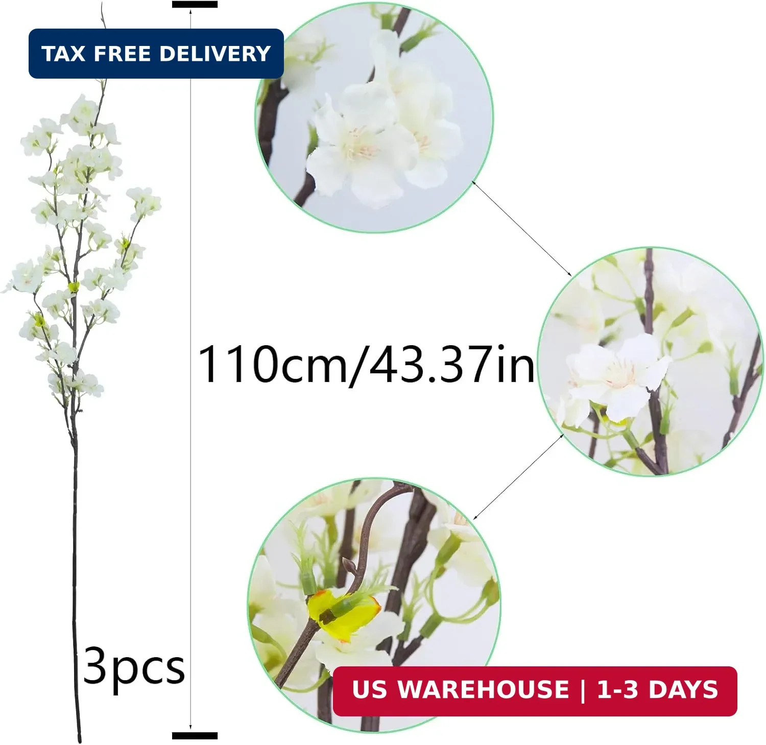 CISDUEO 3Pcs Artificial Cherry Blossom Flower White Silk Peach Flowers Bulk Plum