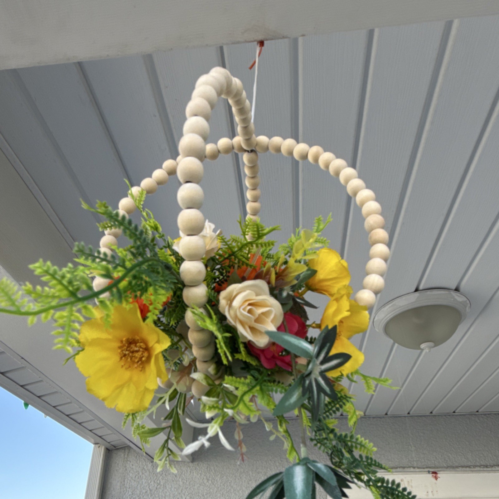 Artificial Hanging Basket Floral Arrangement with Wooden Bead Hoop, Rose, Fern