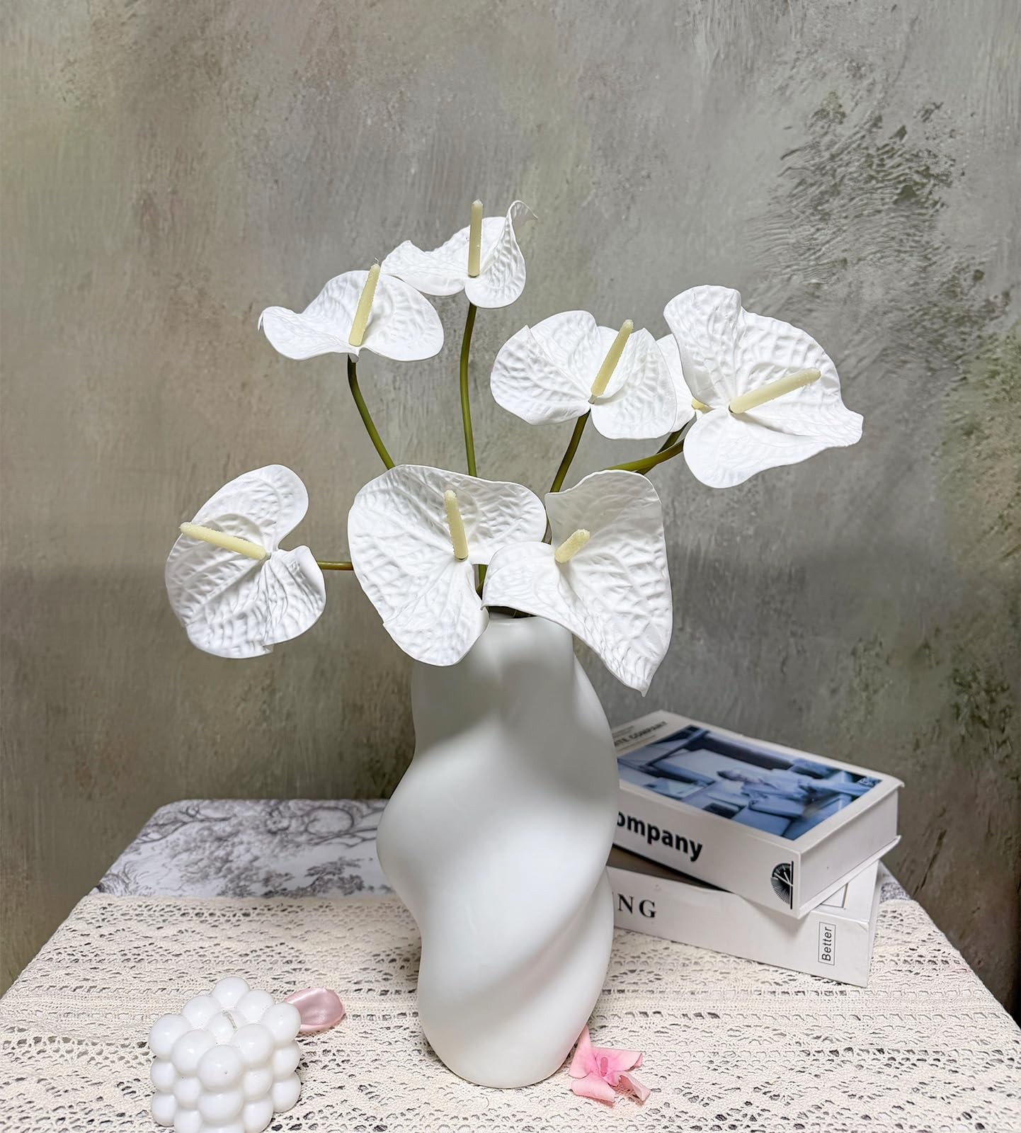 White Anthurium Artificial Flowers 23.6 Inch Fake Tropical Real Touch 10 PCS