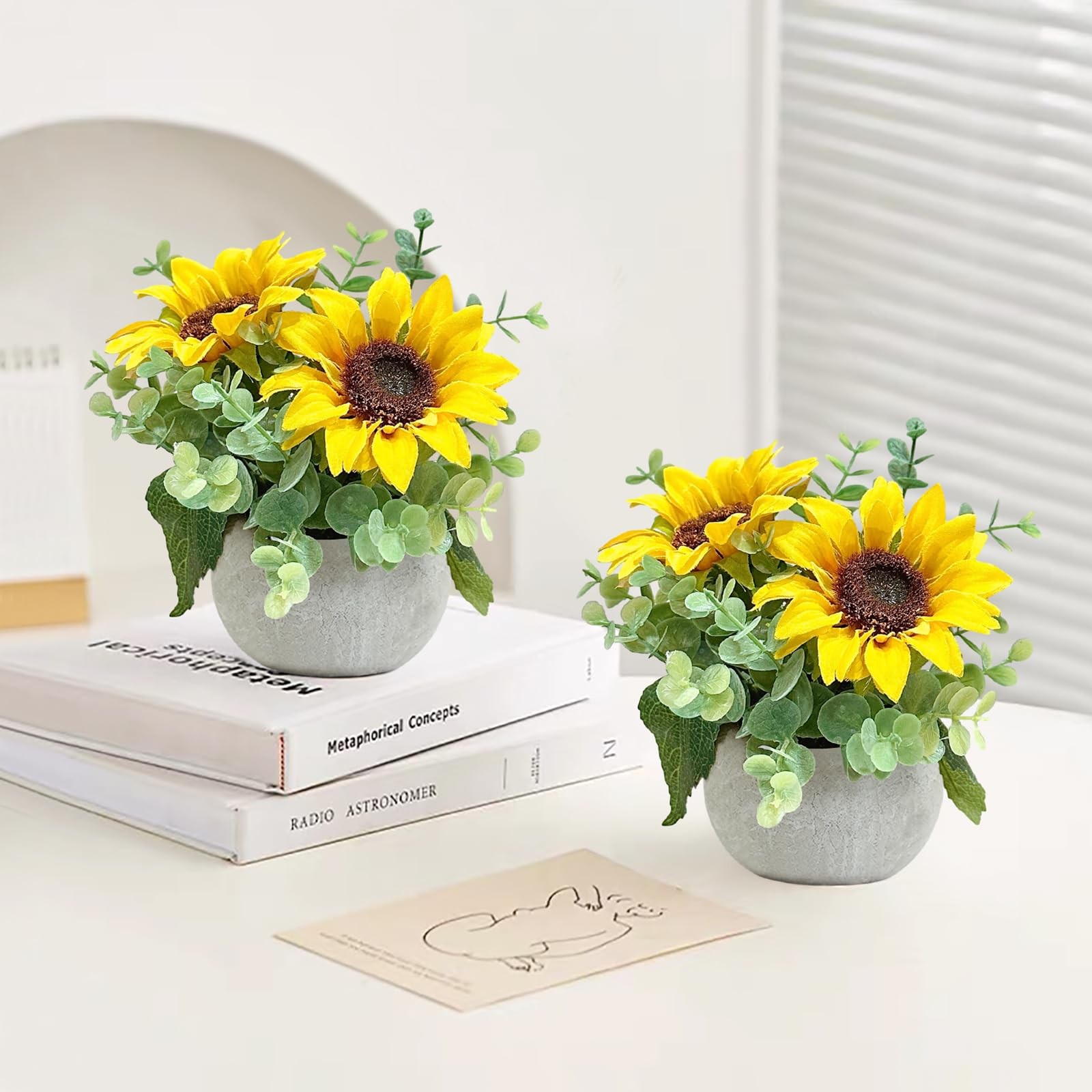2 Pack Artificial Flowers with Pot, Silk Sunflowers with Eucalyptus Fake Pott…