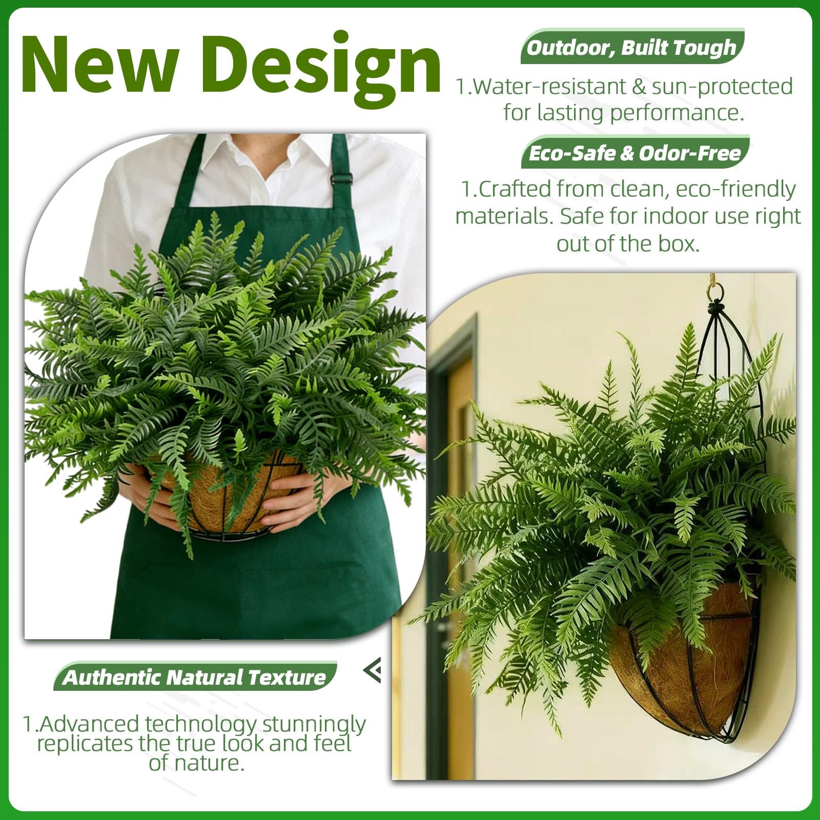 Faux Boston Fern with Hanging Basket – 18in Fake Hanging Fern, Lifelike Artif…