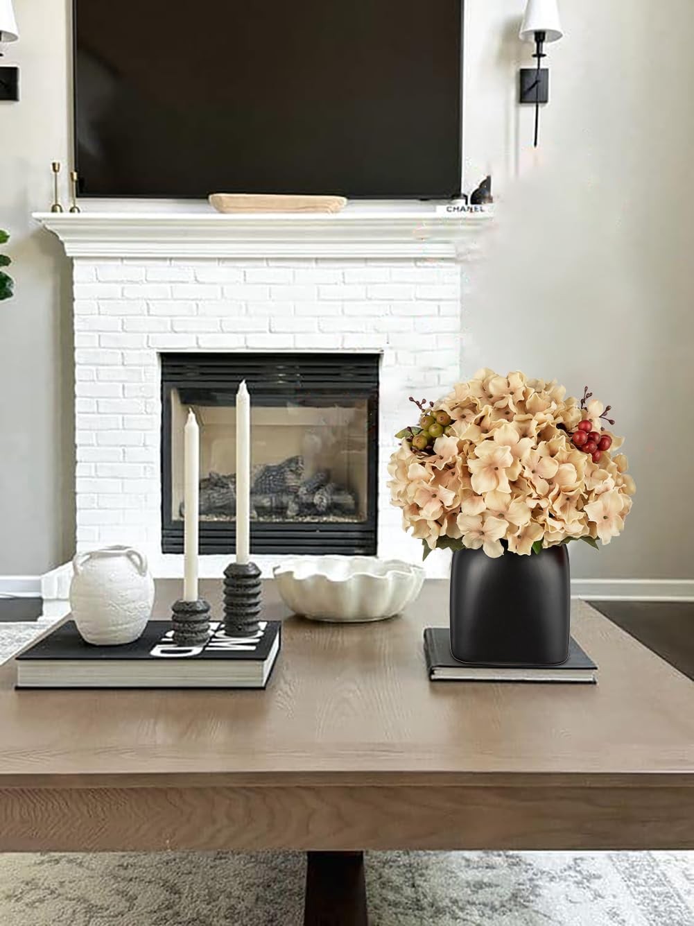 Hydrangea Artificial Flowers in Ceramic Black Vase, Beige Silk Hydrangea Cent…