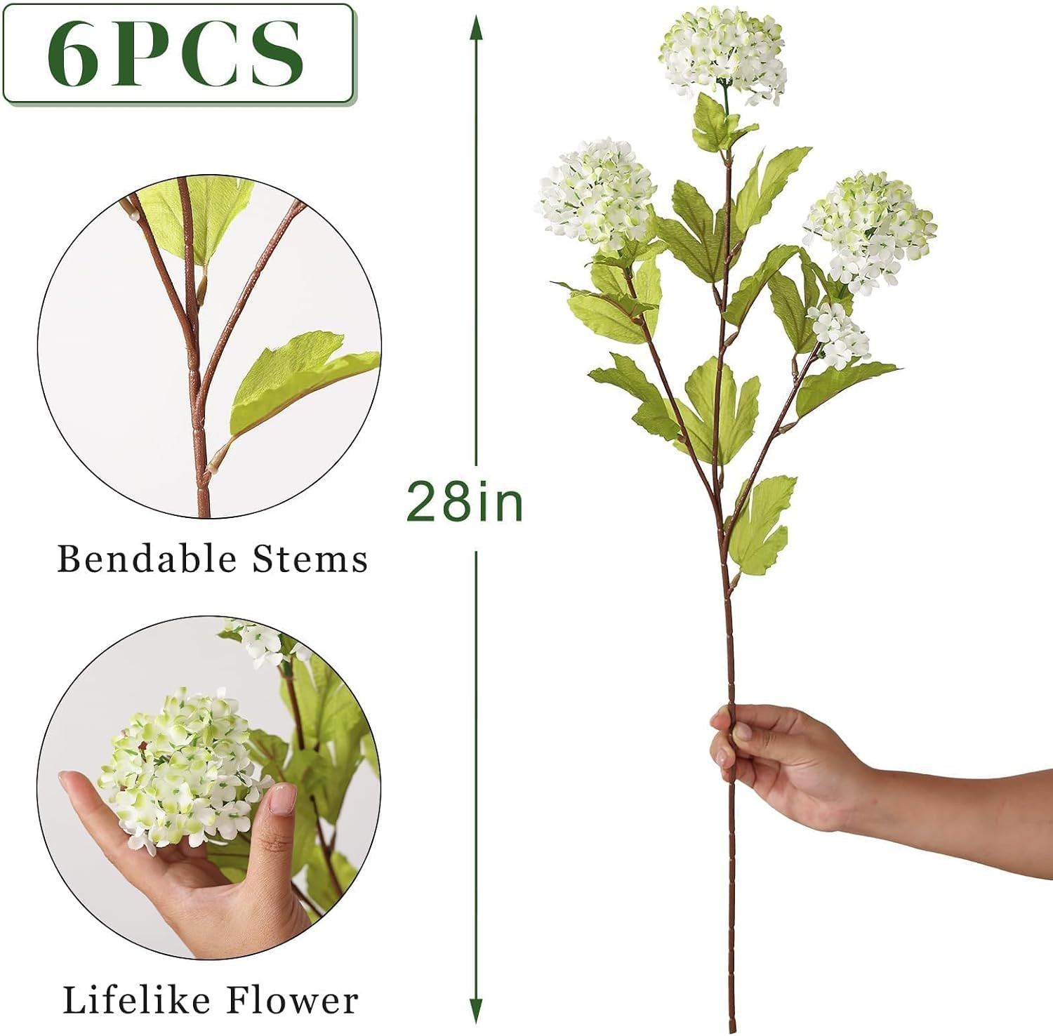 28″ Faux Hydrangea Flowers – 6 Pcs White-Green Silk Stems for Home Decor