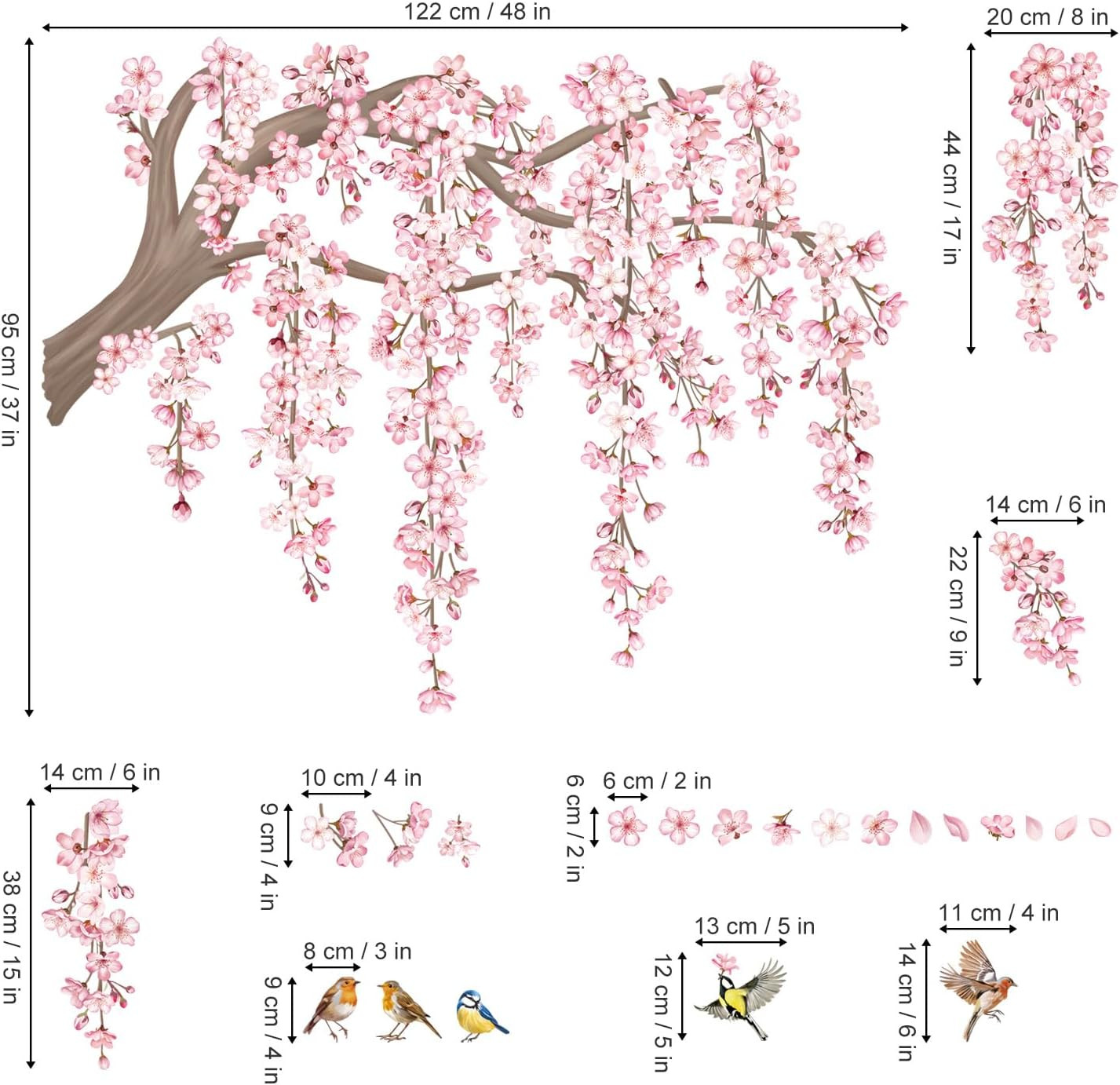 Large Pink Flower Tree Branch Wall Decals Cherry Blossom Tree Floral Birds Wall