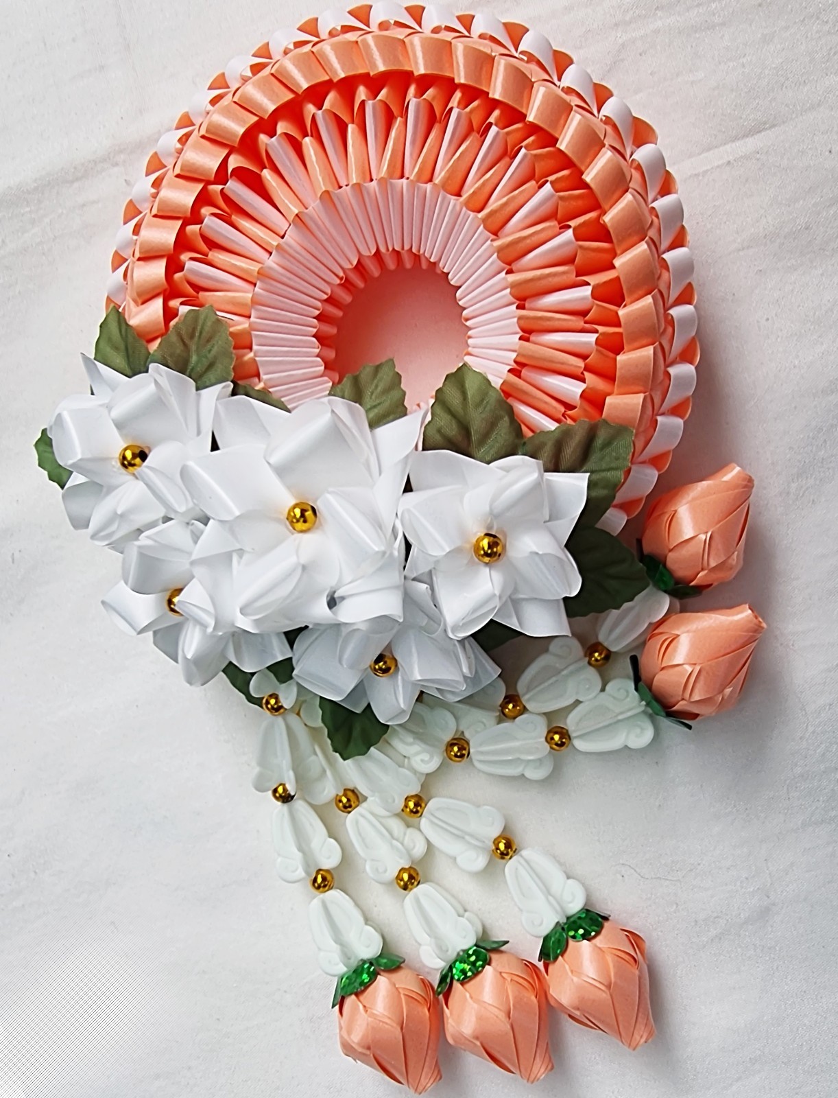 Ribbon folding art, Garland, Artificial Light Orange flowers made from plastic