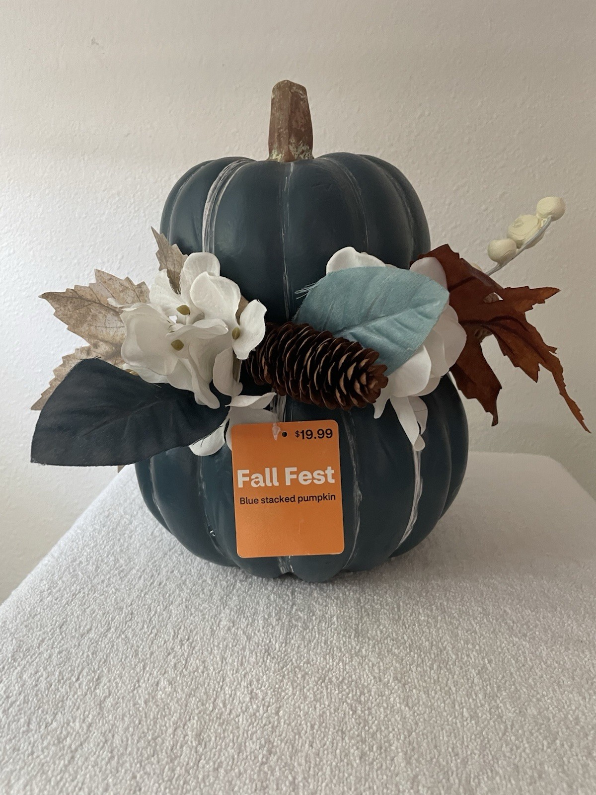 Coastal/Country Blue Stacked Pumpkin Fall Flower Arrangement With Pinecones