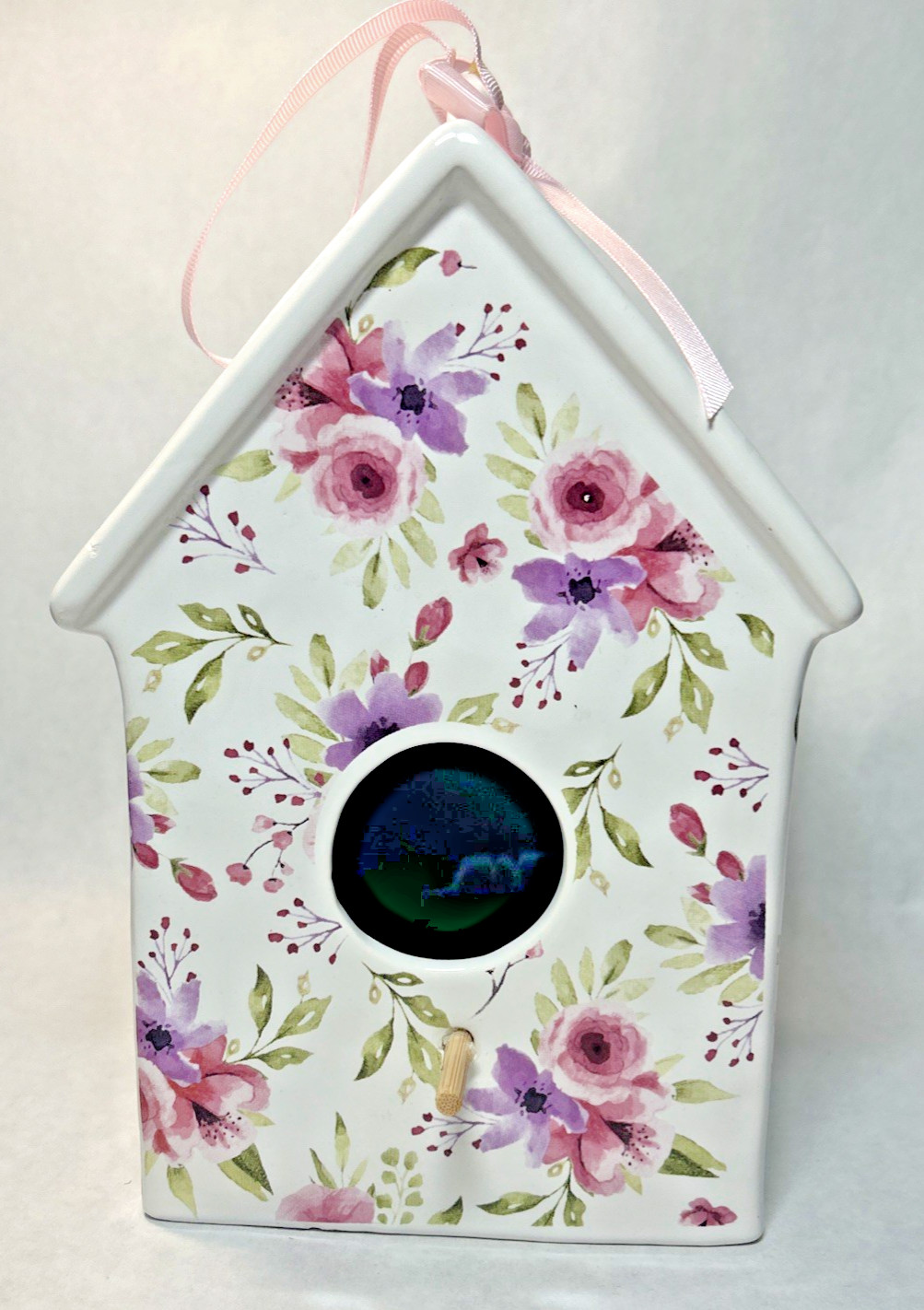 Ceramic White With Pink and Purple Flowered Birdhouse from Hobby Lobby