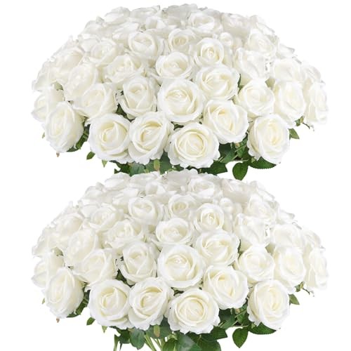 Pcs Artificial Roses in Bulk, Fake Velvet Silk Roses Realistic Rose 50 White