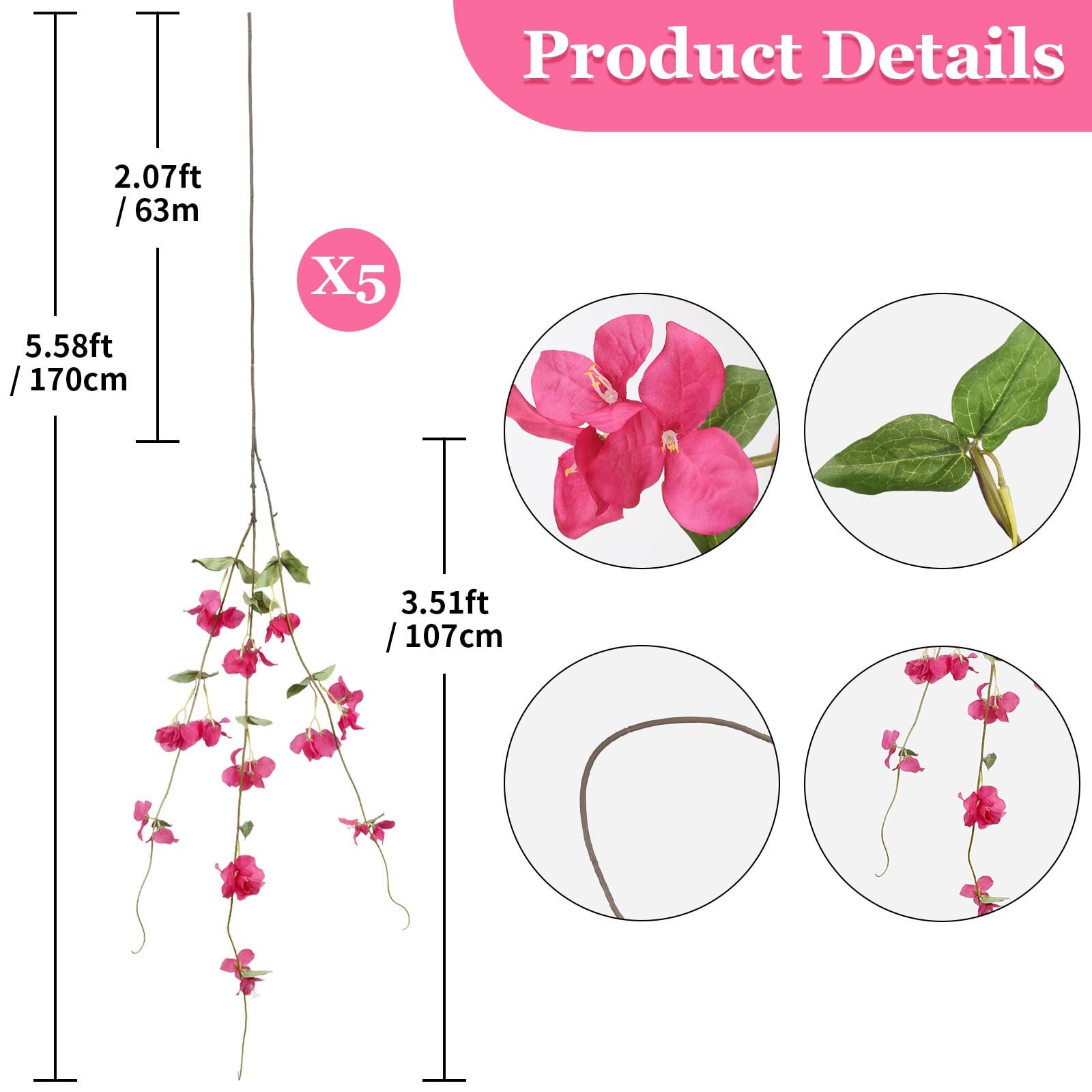 5.58FT 5PCS Bougainvillea Artificial Flowers Vines Faux Silk Hanging Bougainv…