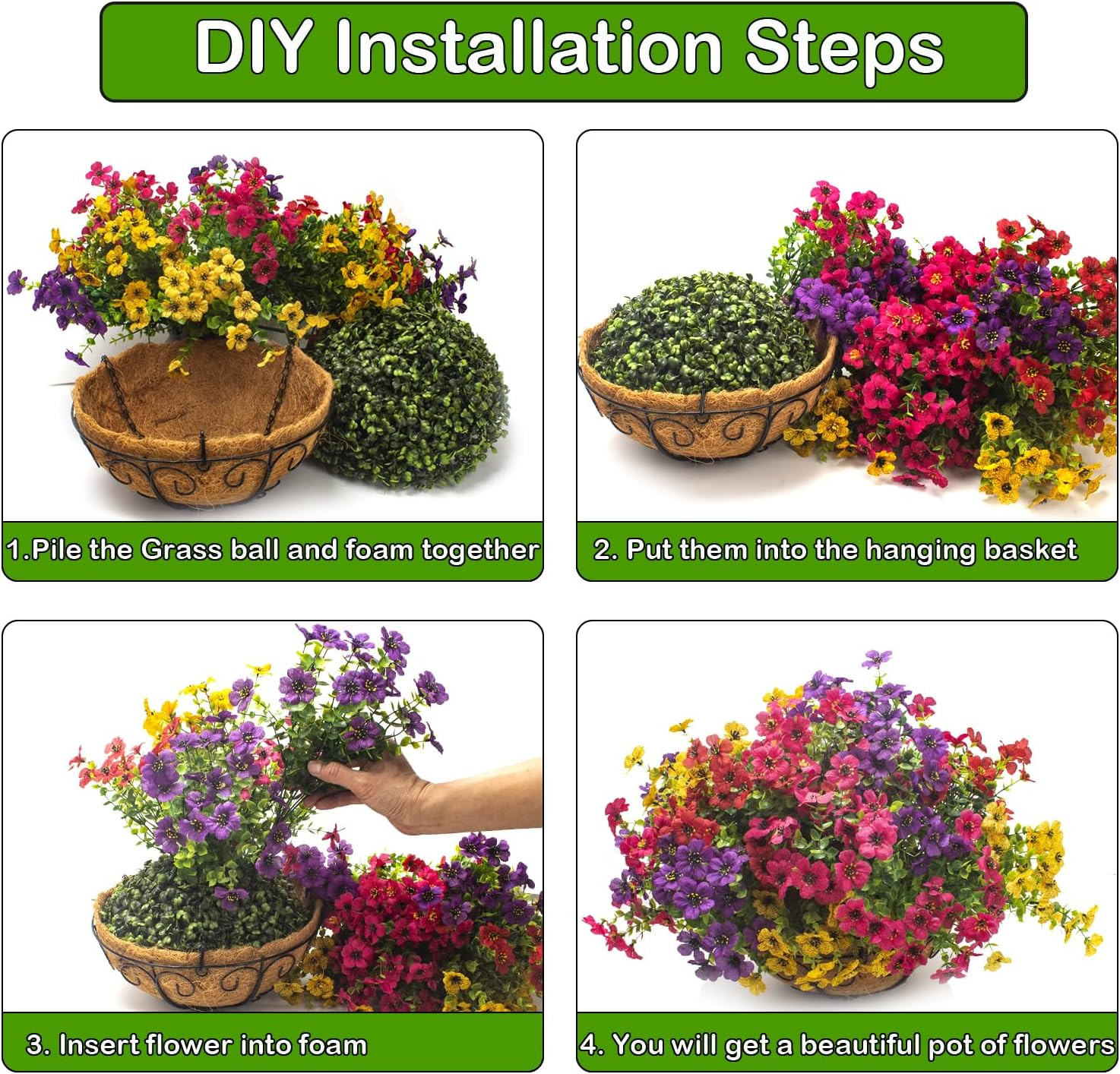 Grunyia Artificial Hanging Flowers Basket with Colorful Silk Daisies & Eucalyptu