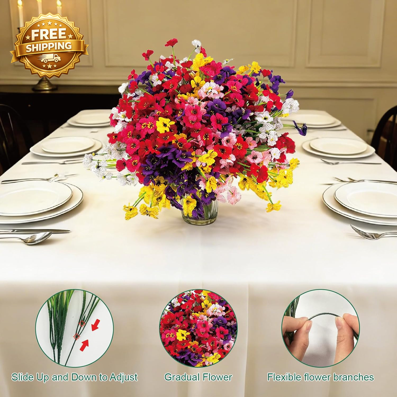 24 Pcs (6 Color) UV Resistant Outdoor Artificial Faux Flowers Plants Realistic P
