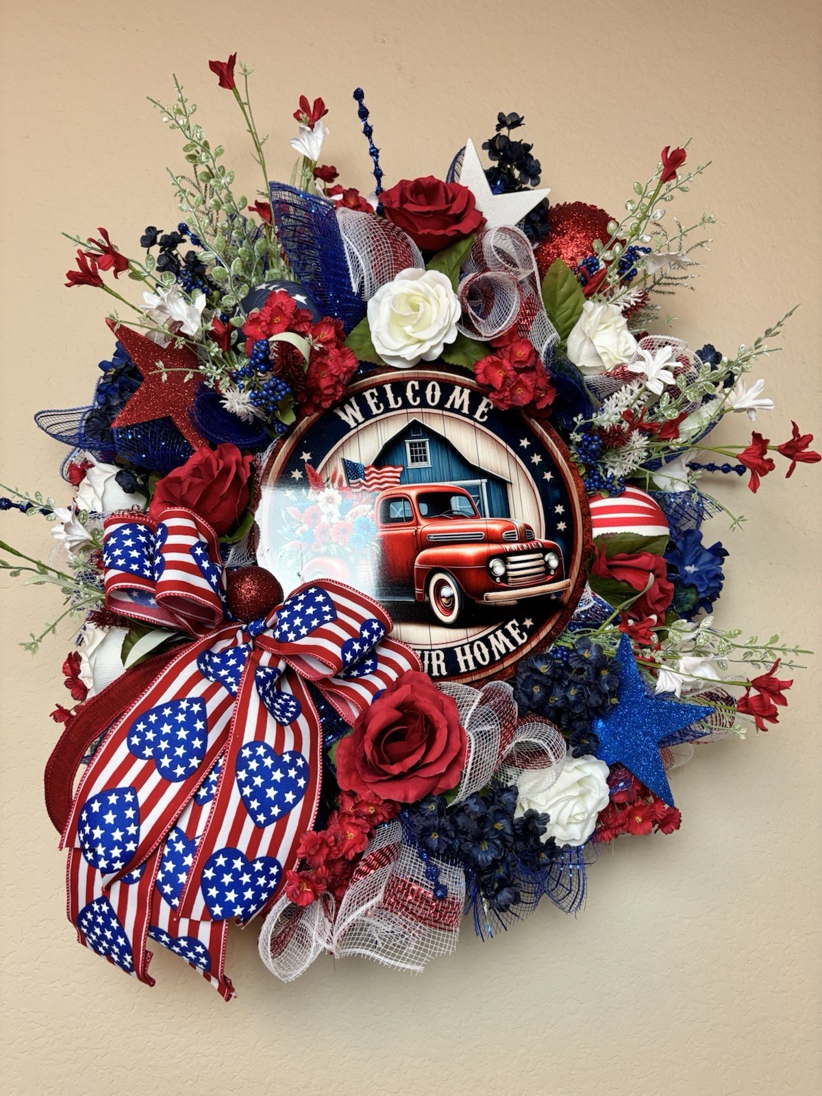 Patriotic Wreath 4th Of July Door Decor Red White Blue Truck Welcome To Our Home